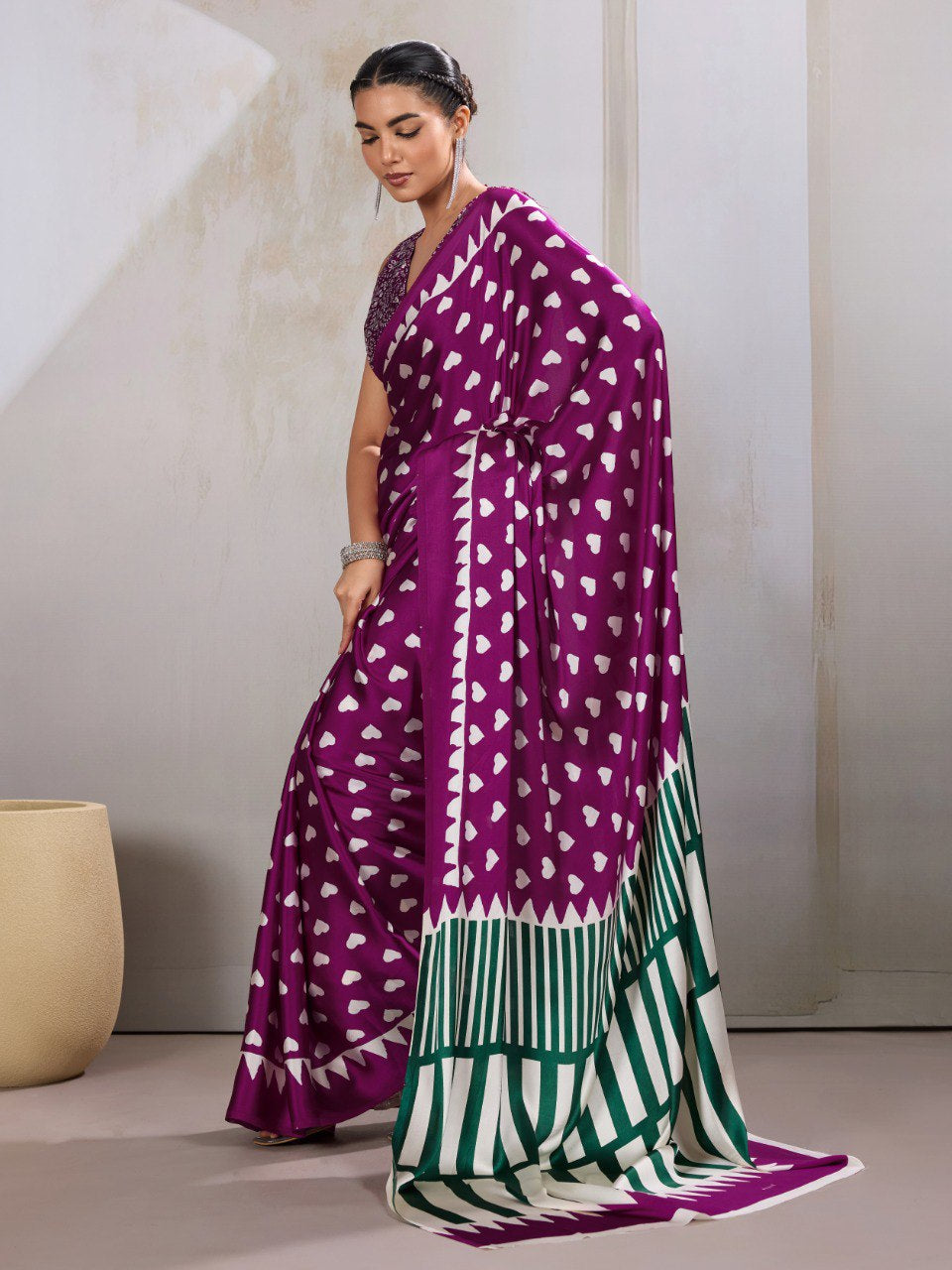 Womenline Royal Purple Heart Print Designer Saree with Contemporary Geometric Pallu