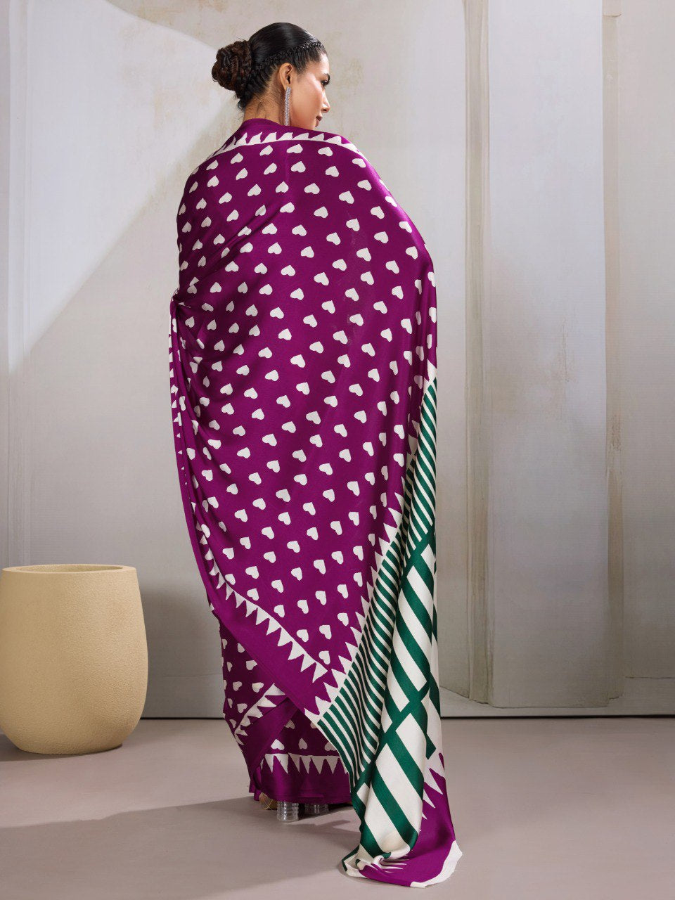 Womenline Royal Purple Heart Print Designer Saree with Contemporary Geometric Pallu
