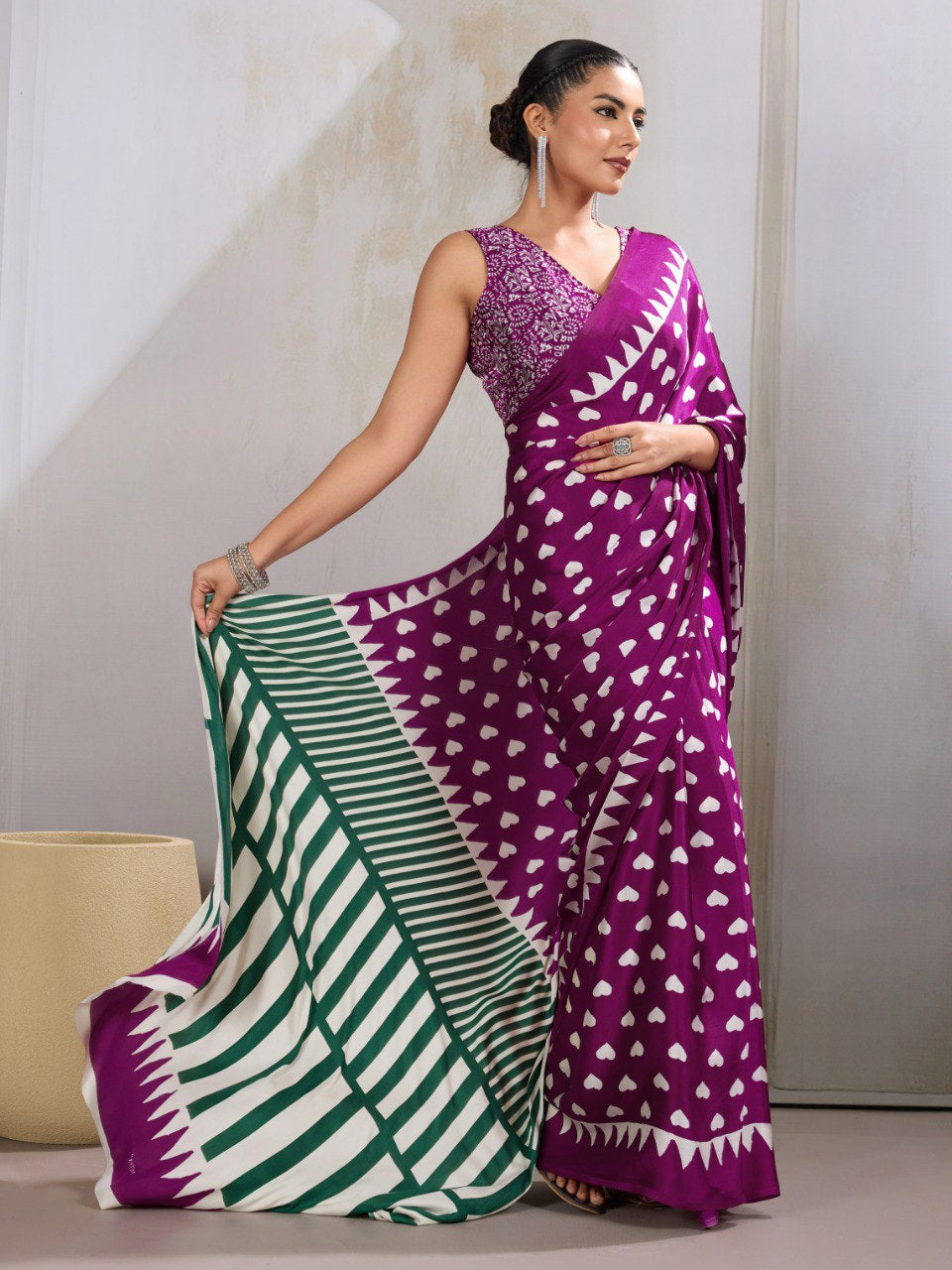 Womenline Royal Purple Heart Print Designer Saree with Contemporary Geometric Pallu