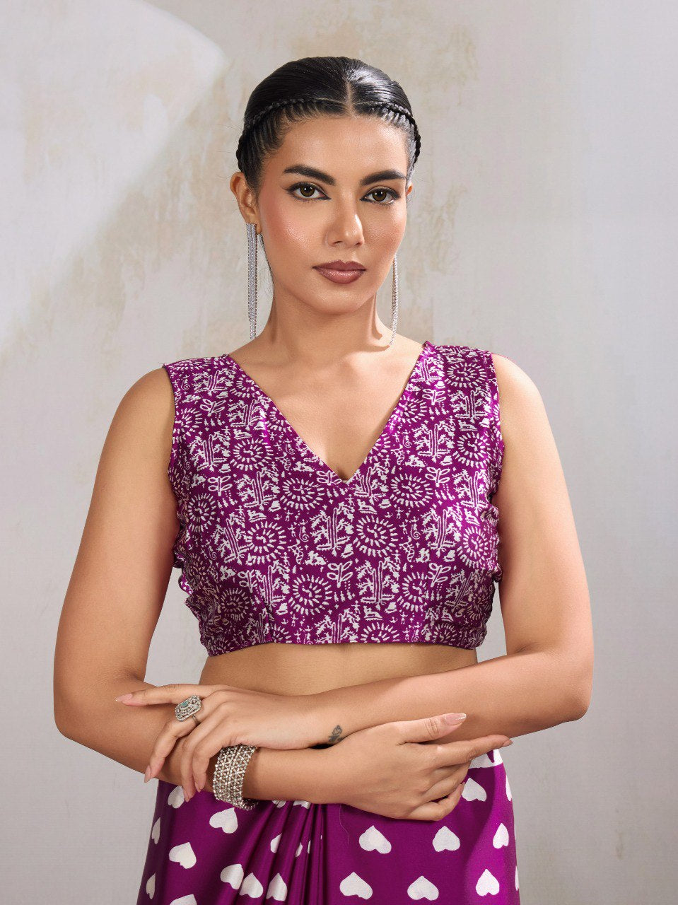 Womenline Royal Purple Heart Print Designer Saree with Contemporary Geometric Pallu