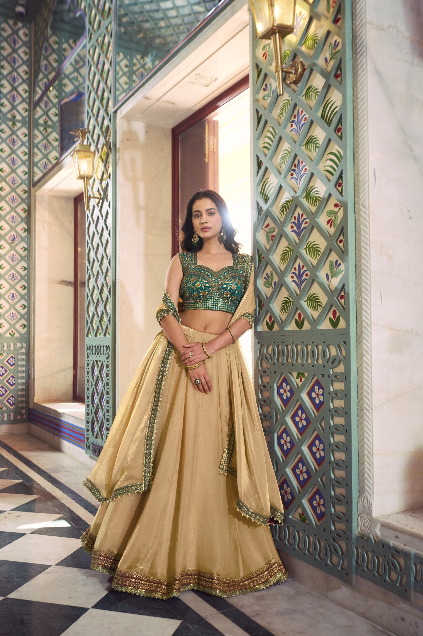 Womenline Beige Gold Lehenga Set with Teal Embroidered Blouse & Dupatta
