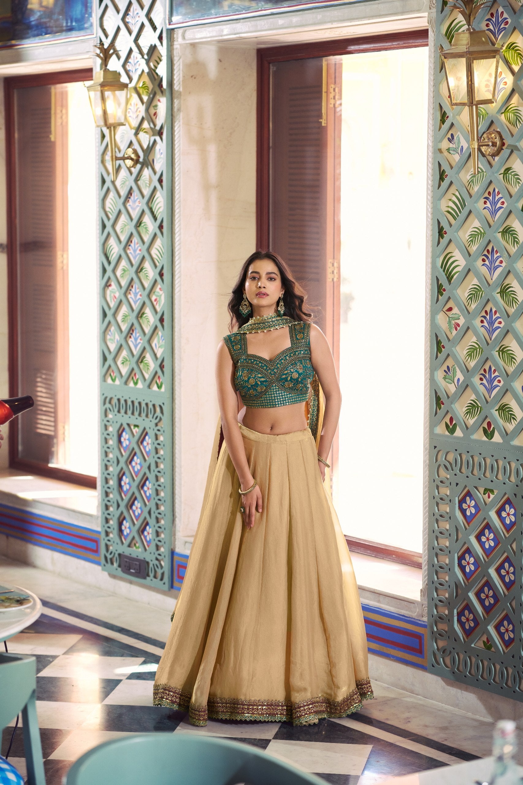 Womenline Beige Gold Lehenga Set with Teal Embroidered Blouse & Dupatta