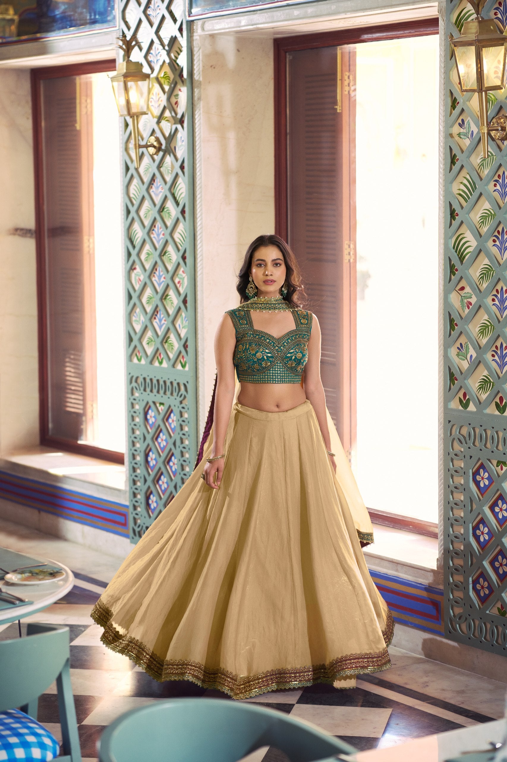 Womenline Beige Gold Lehenga Set with Teal Embroidered Blouse & Dupatta