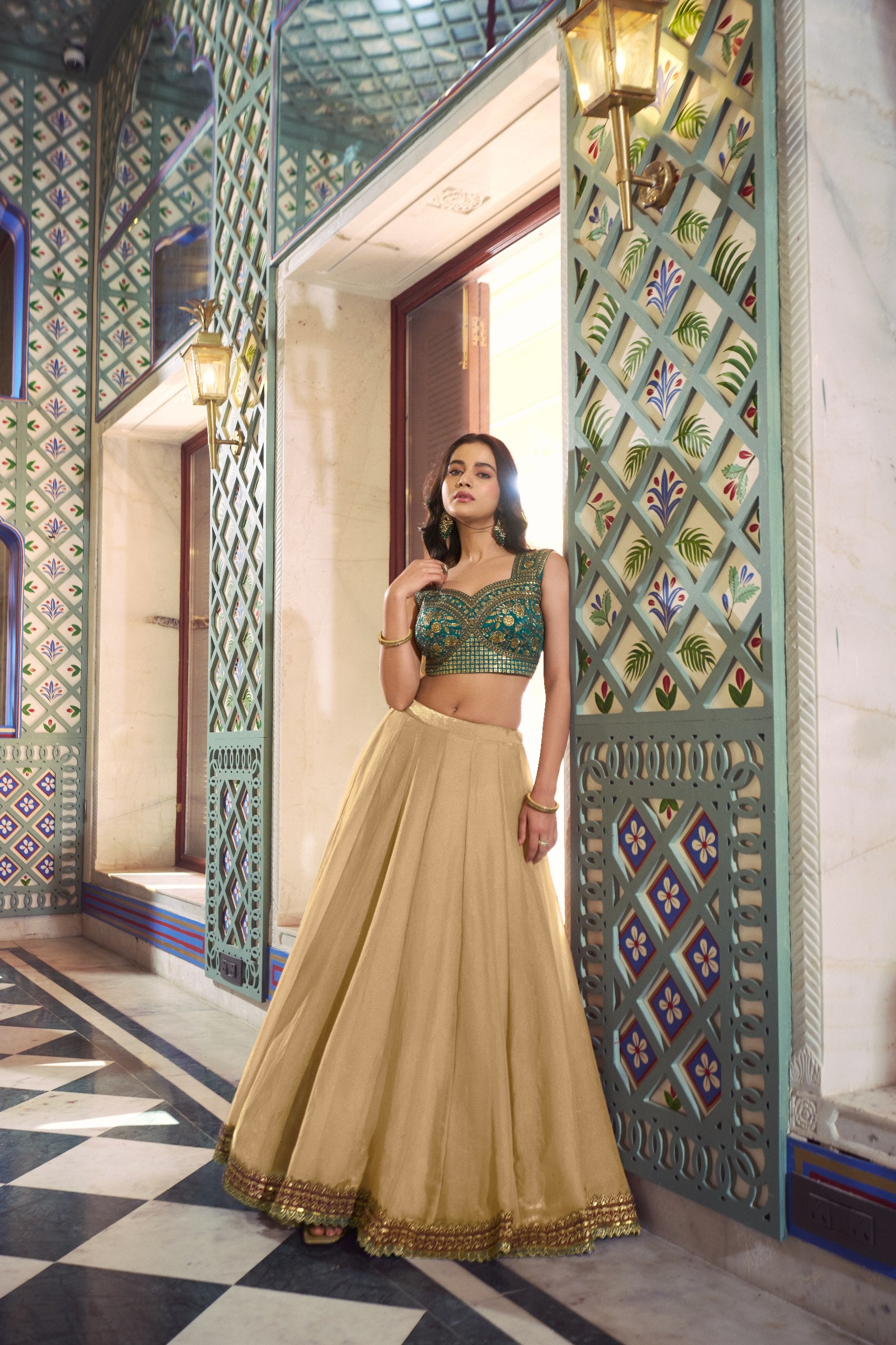Womenline Beige Gold Lehenga Set with Teal Embroidered Blouse & Dupatta