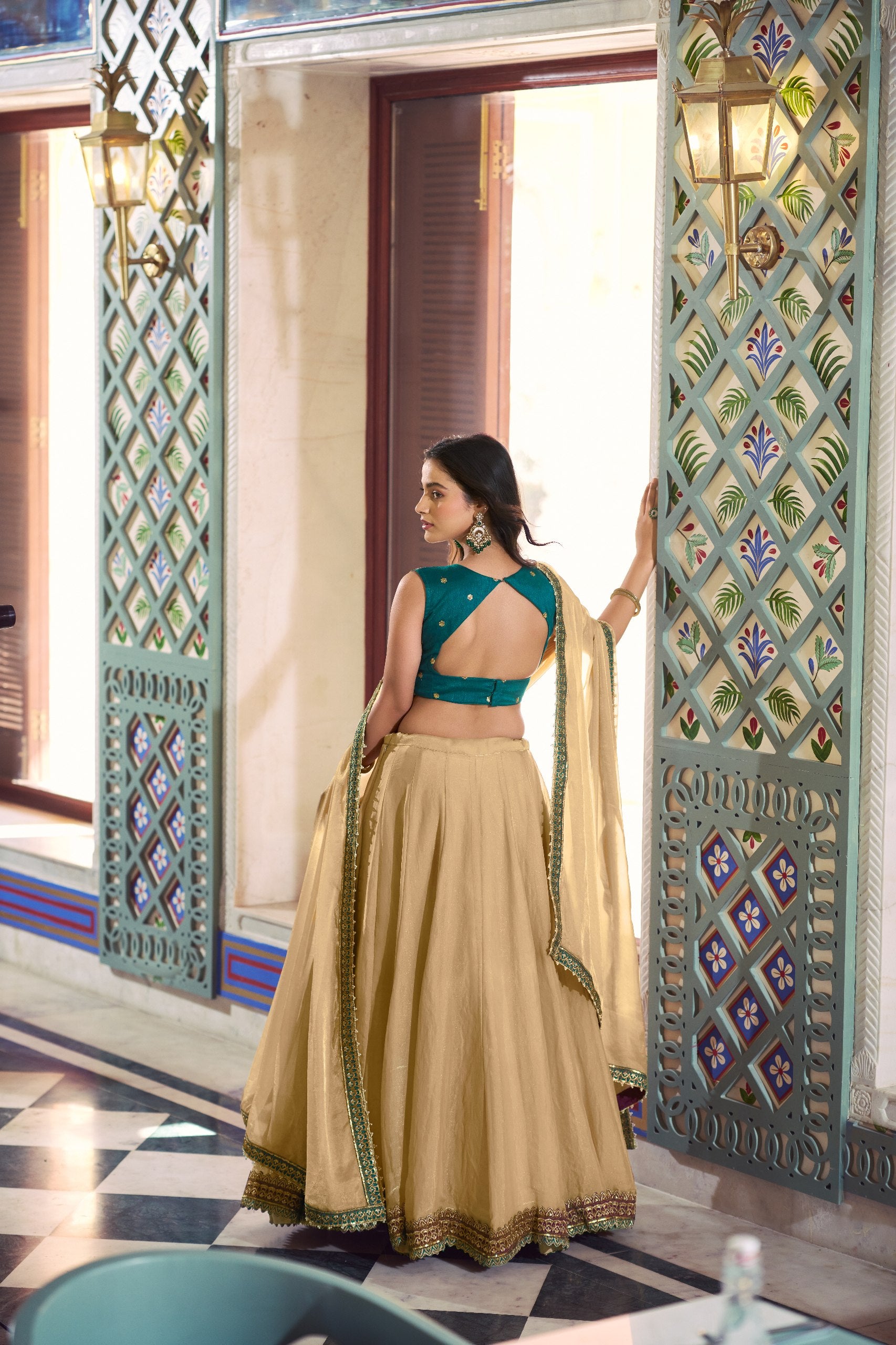 Womenline Beige Gold Lehenga Set with Teal Embroidered Blouse & Dupatta