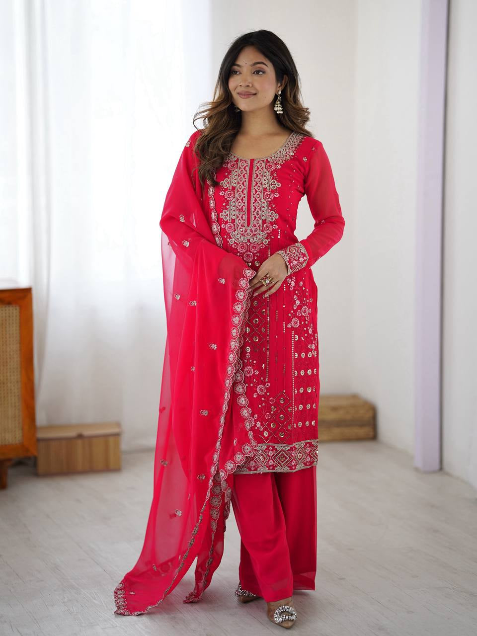 Womenline Hot Pink Embroidered Straight Kurta Set with Dupatta