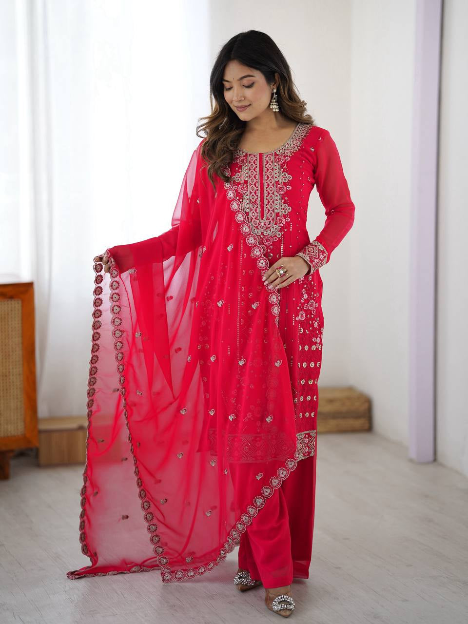 Womenline Hot Pink Embroidered Straight Kurta Set with Dupatta