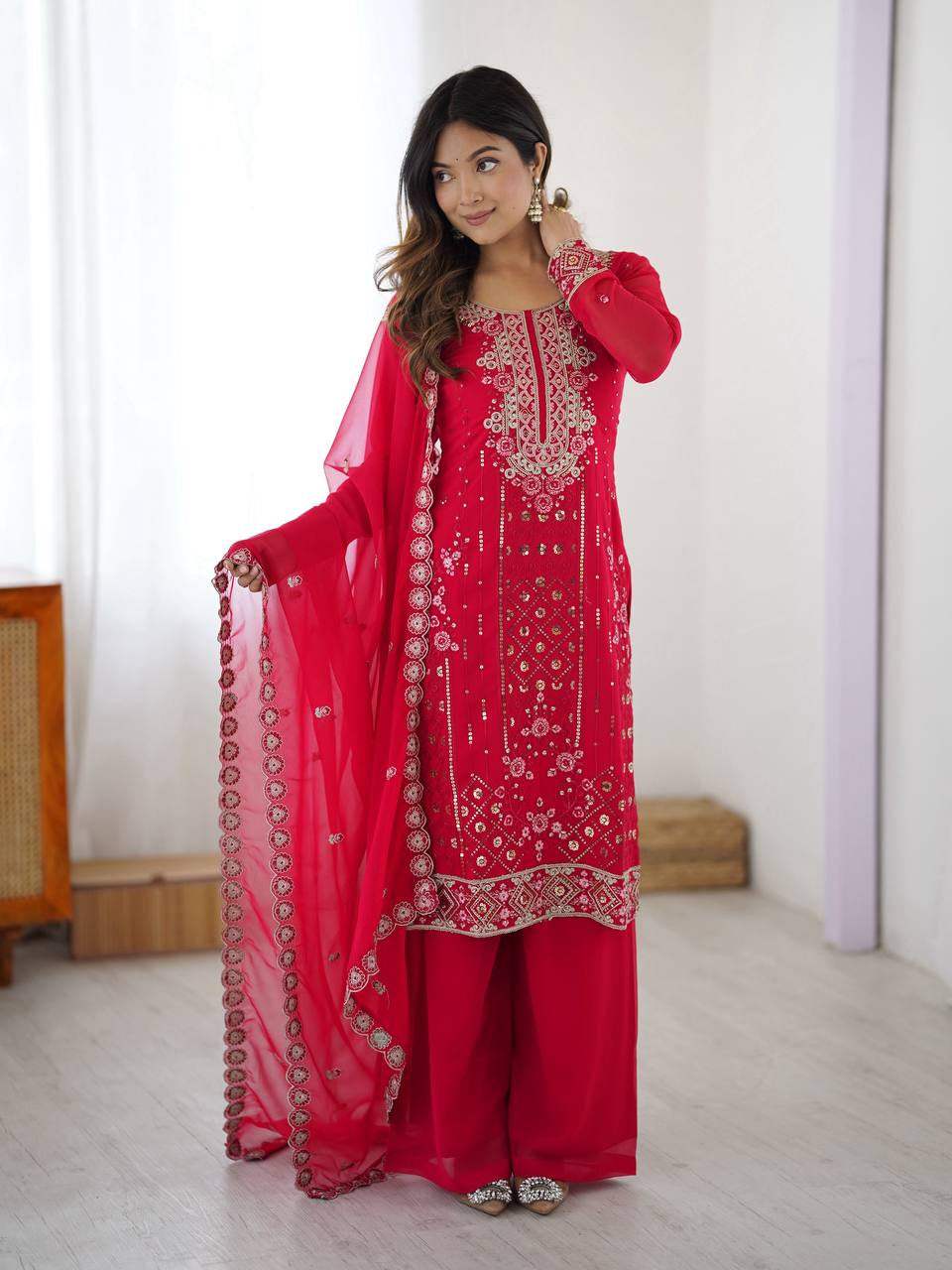 Womenline Hot Pink Embroidered Straight Kurta Set with Dupatta