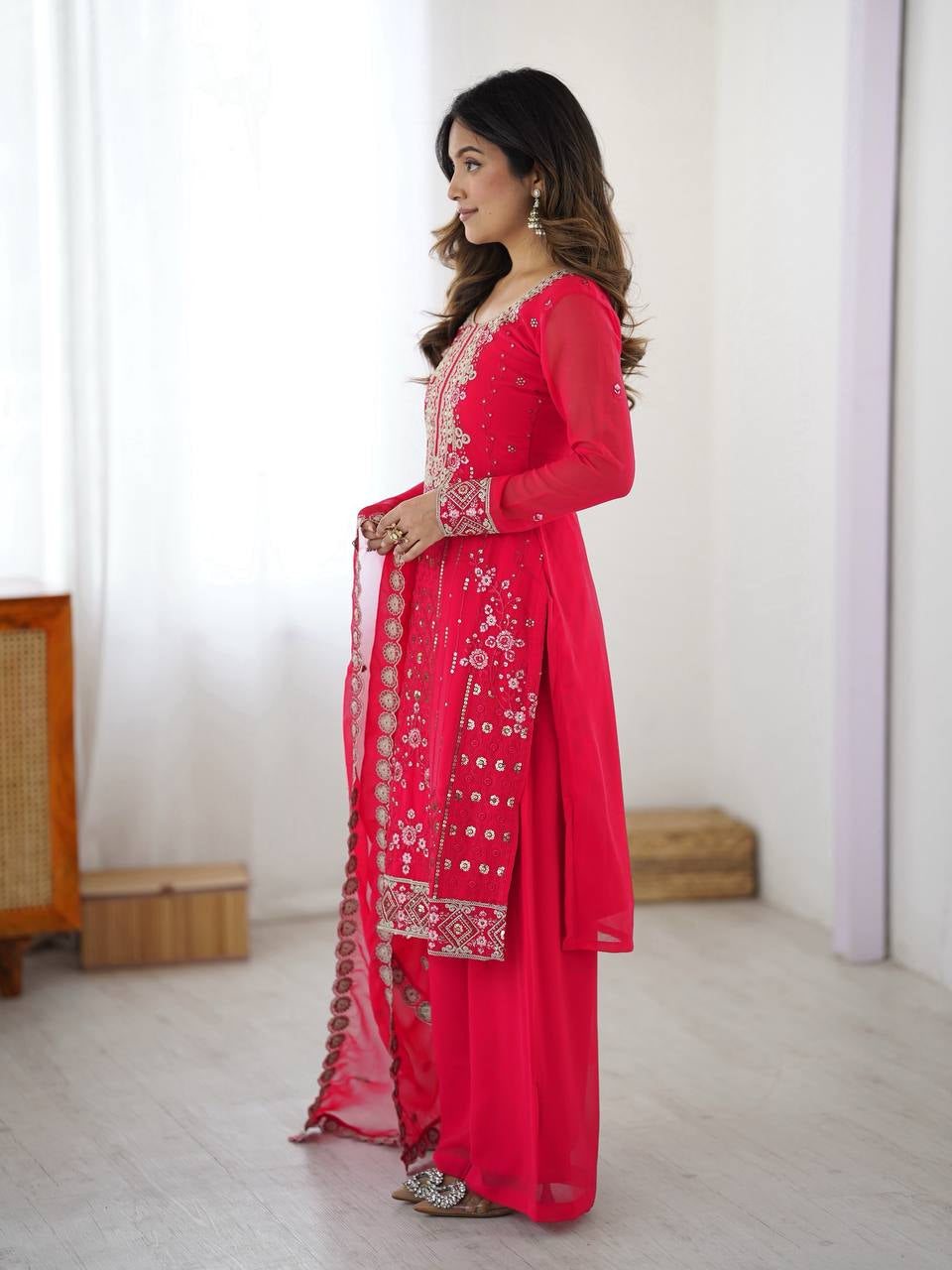Womenline Hot Pink Embroidered Straight Kurta Set with Dupatta