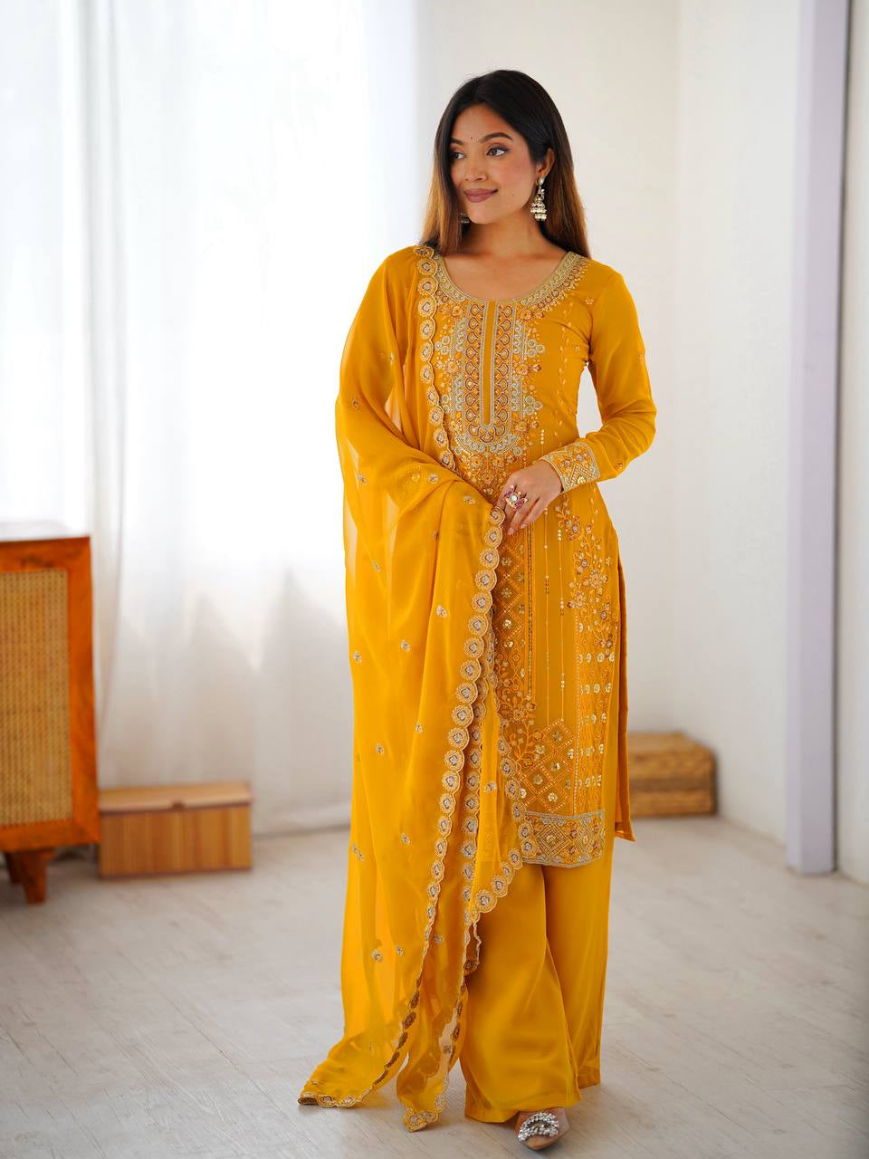 Womenline Mustard Yellow Embroidered Kurta Palazzo Set with Dupatta