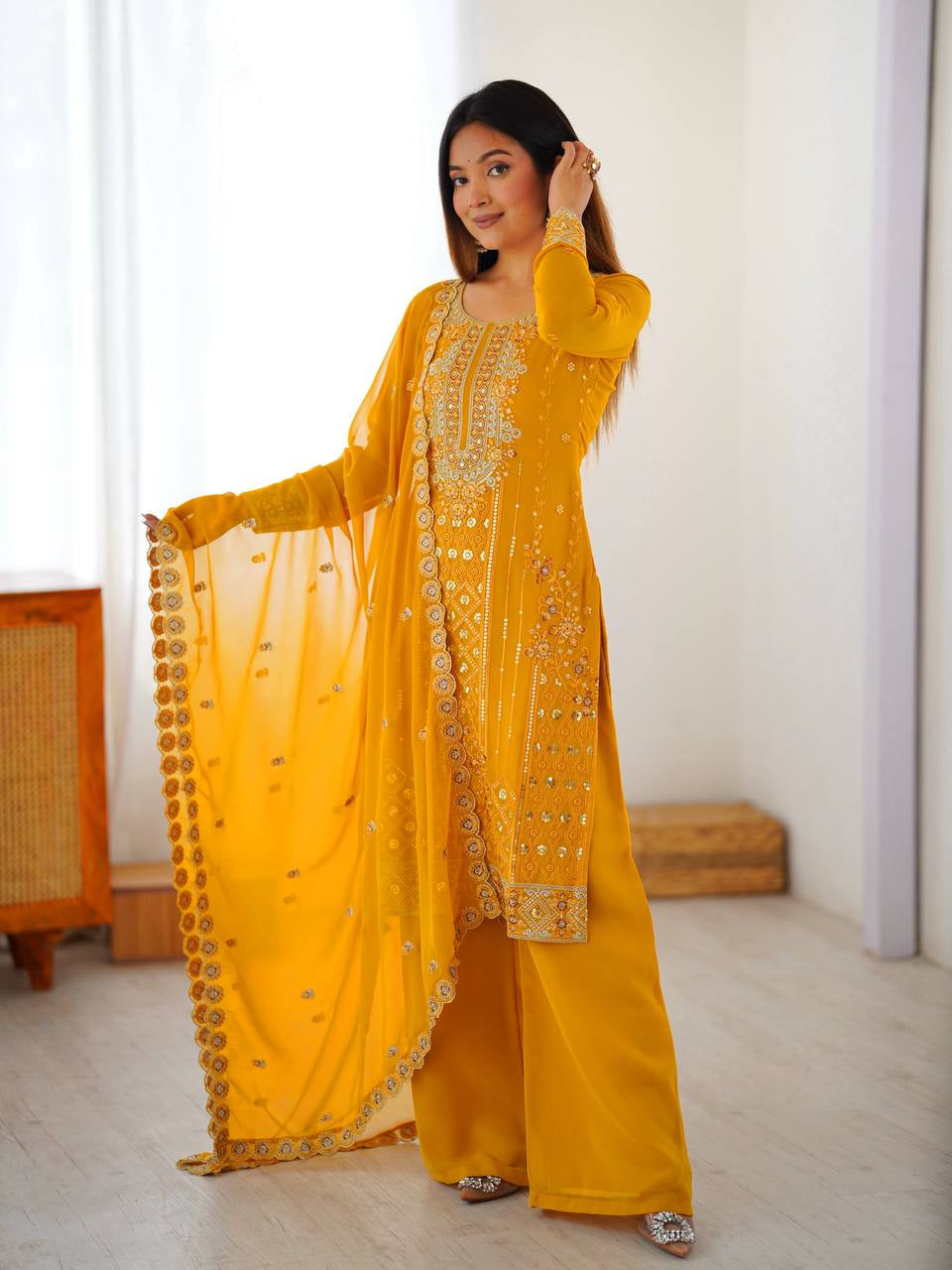 Womenline Mustard Yellow Embroidered Kurta Palazzo Set with Dupatta