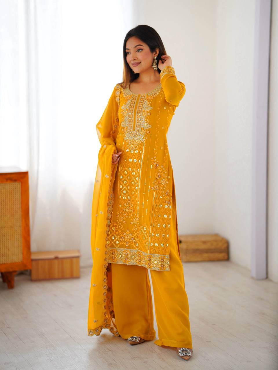 Womenline Mustard Yellow Embroidered Kurta Palazzo Set with Dupatta