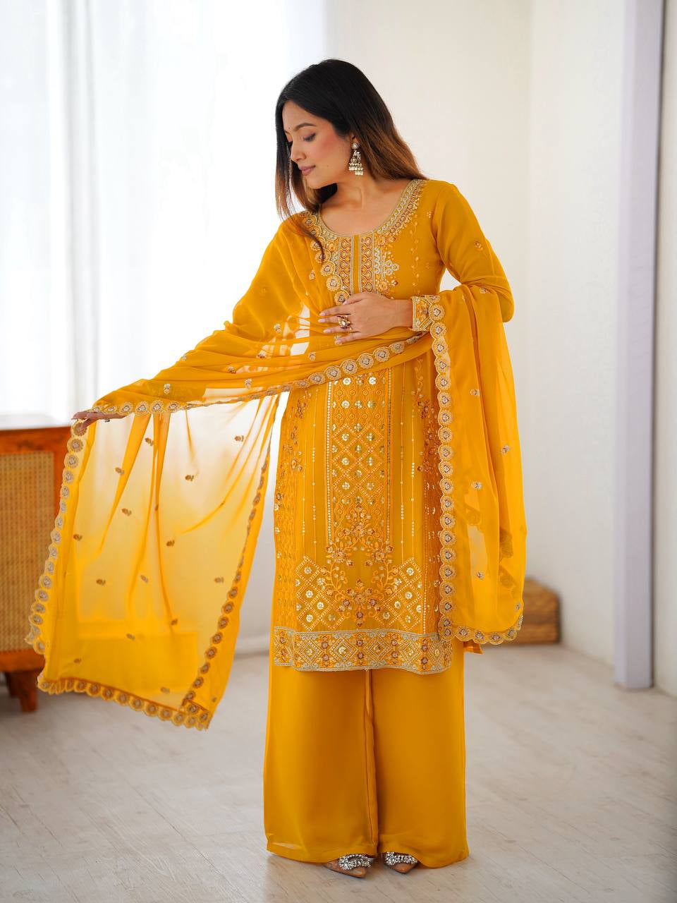 Womenline Mustard Yellow Embroidered Kurta Palazzo Set with Dupatta