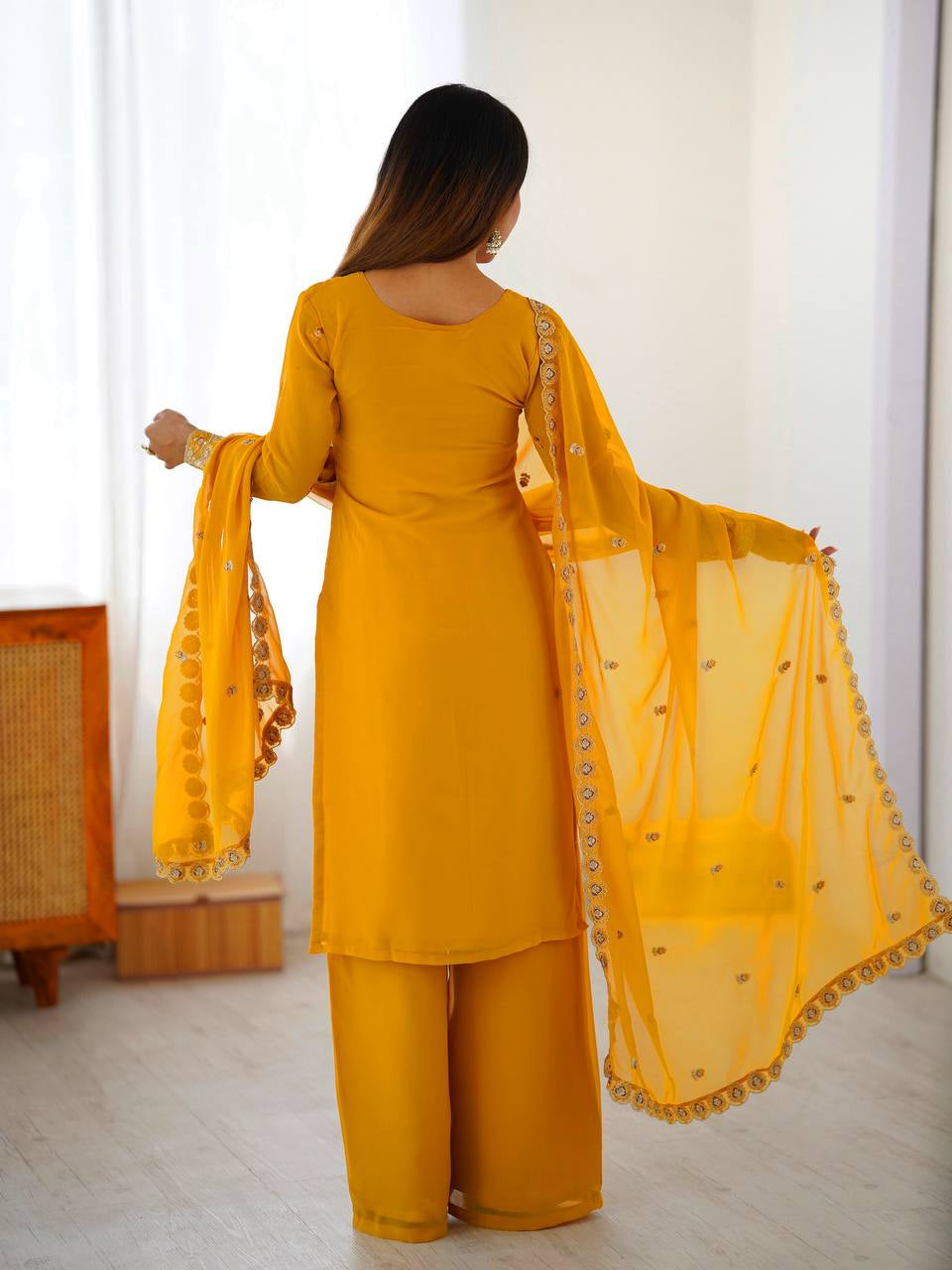 Womenline Mustard Yellow Embroidered Kurta Palazzo Set with Dupatta