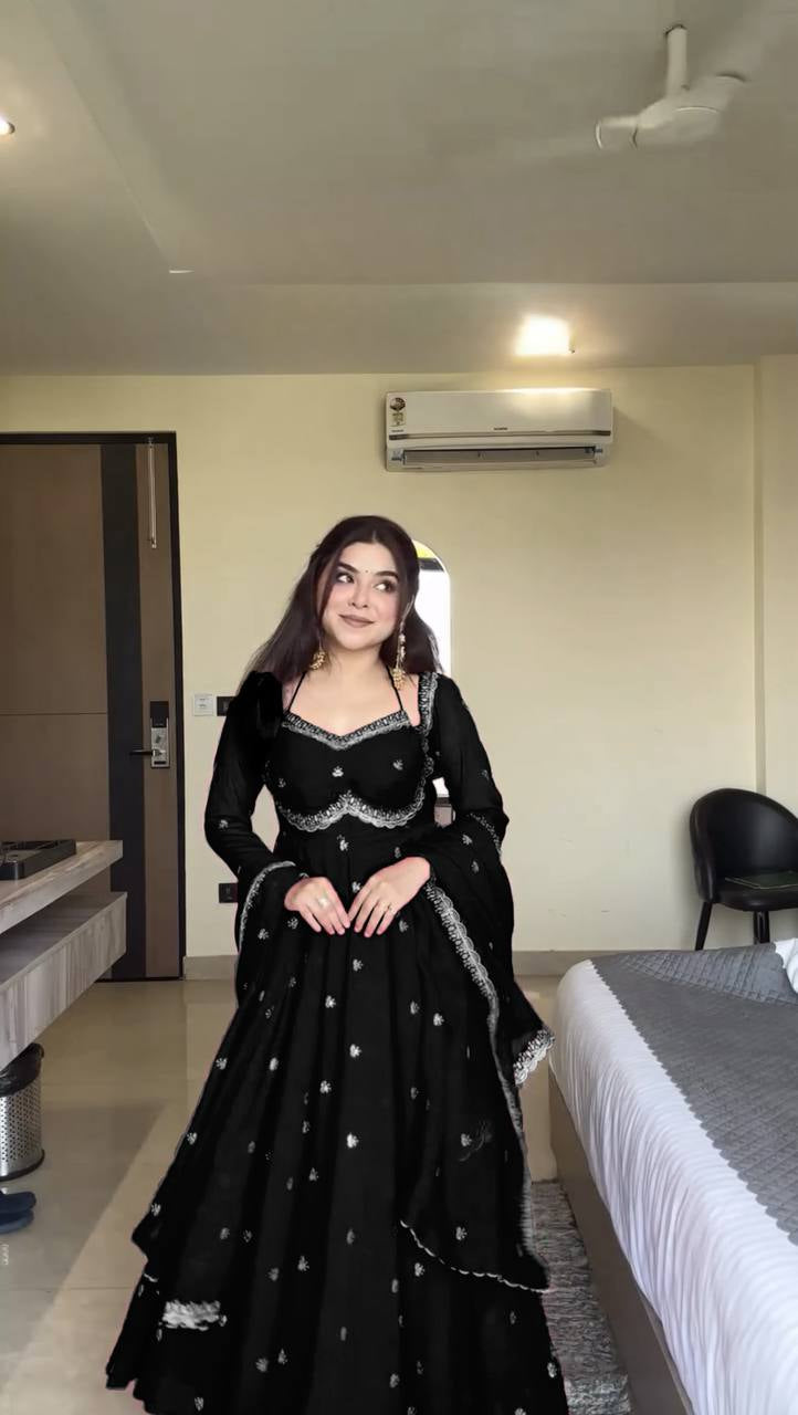 Womenline Black Embroidered Anarkali Gown with Dupatta