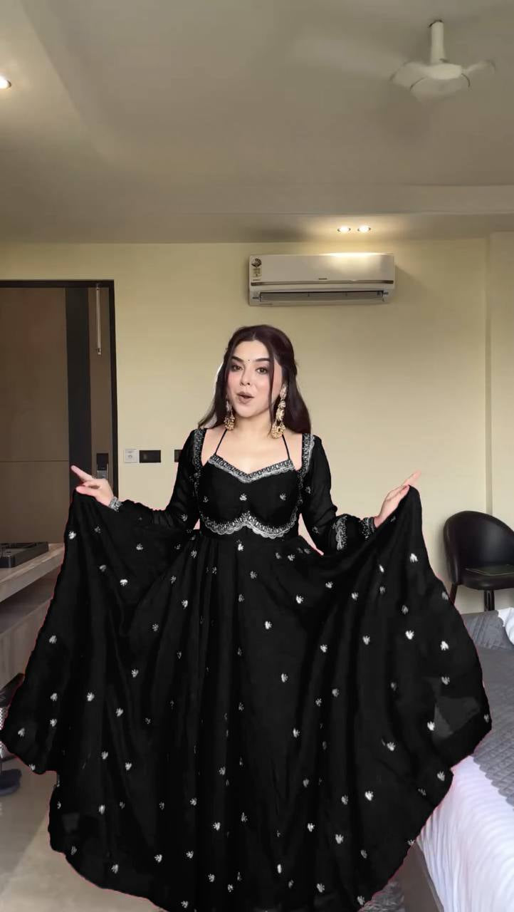 Womenline Black Embroidered Anarkali Gown with Dupatta