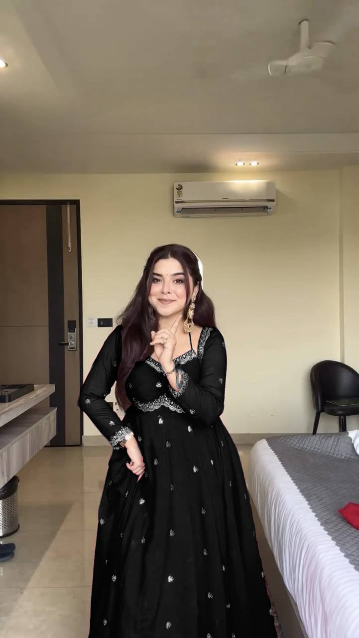 Womenline Black Embroidered Anarkali Gown with Dupatta