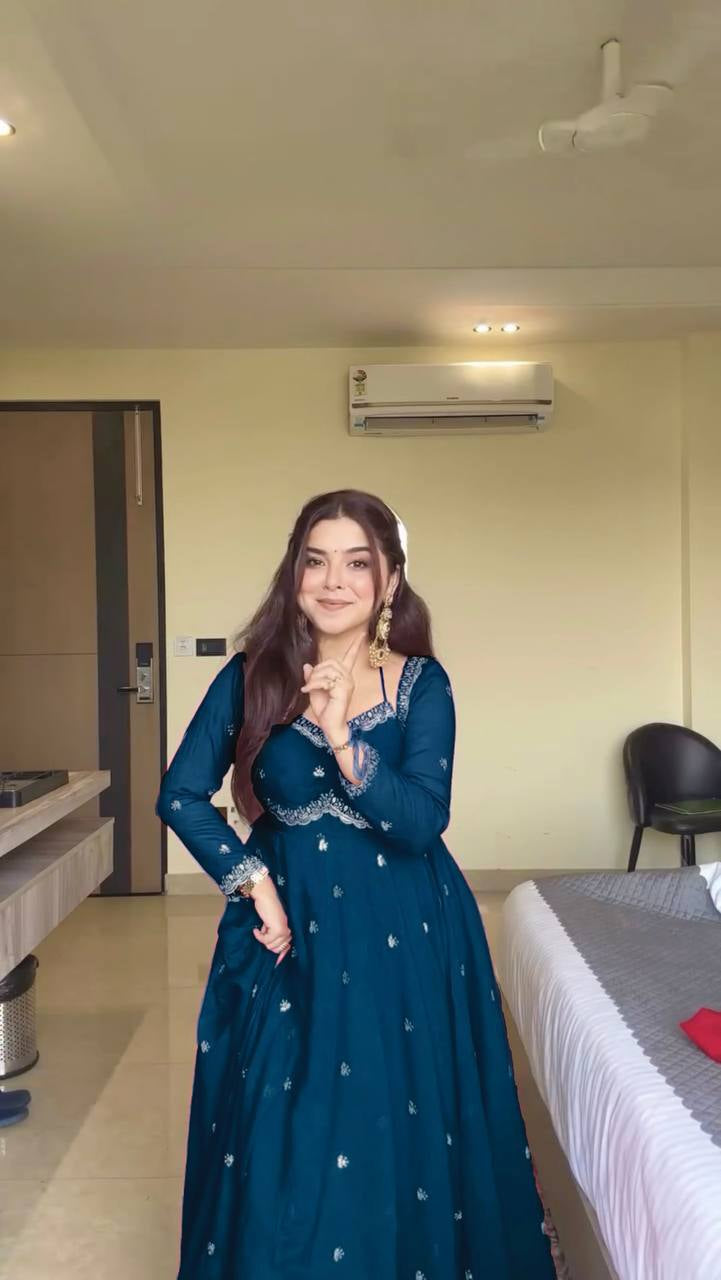 Womenline Teal Blue Embroidered Anarkali Gown with Dupatta