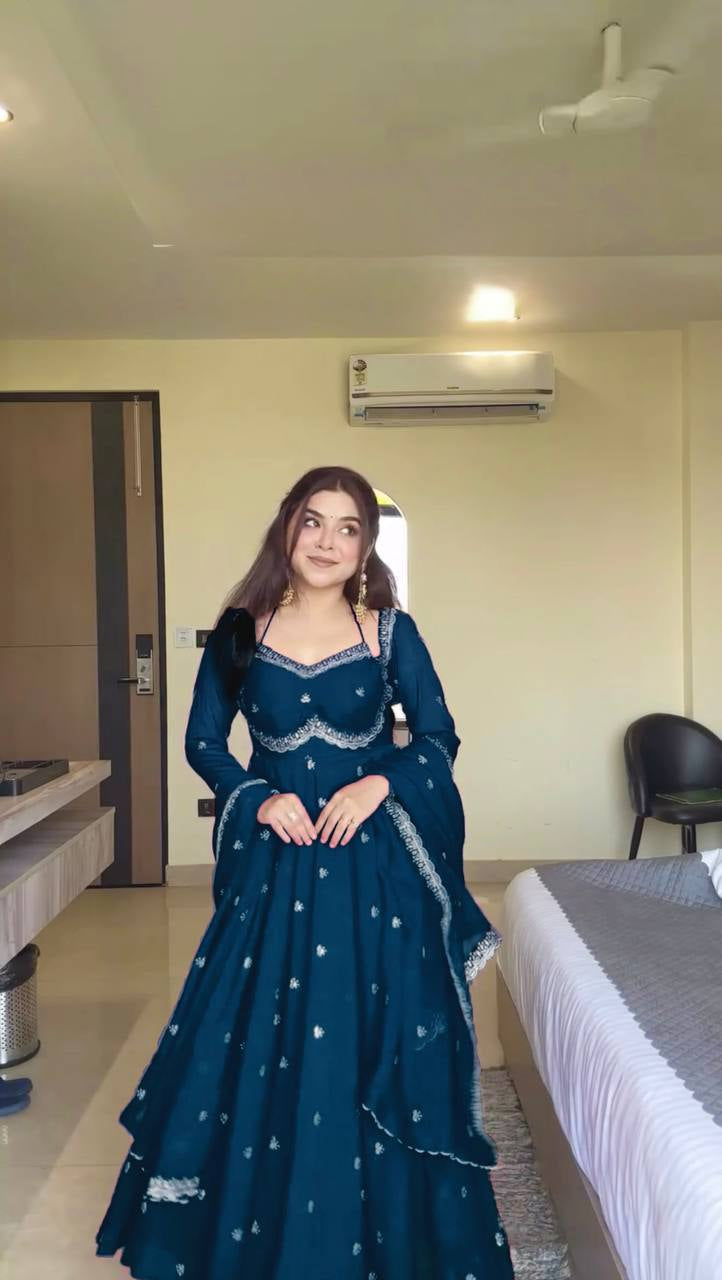 Womenline Teal Blue Embroidered Anarkali Gown with Dupatta