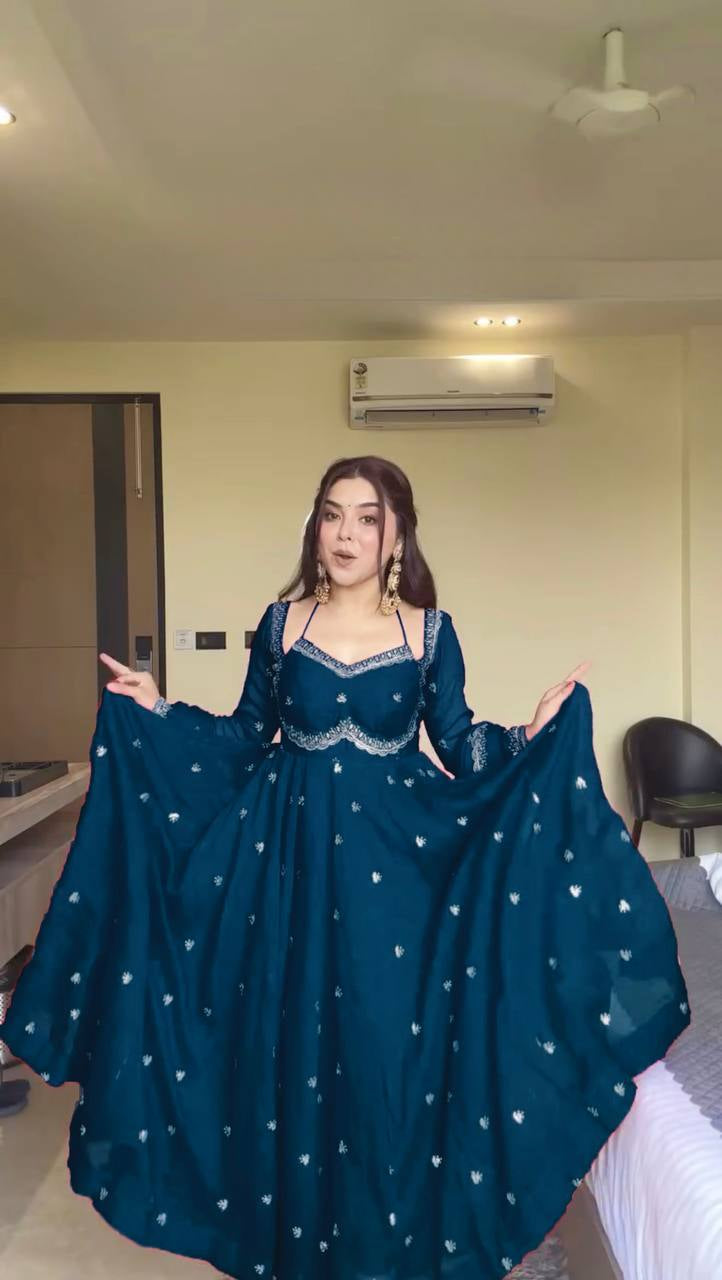 Womenline Teal Blue Embroidered Anarkali Gown with Dupatta