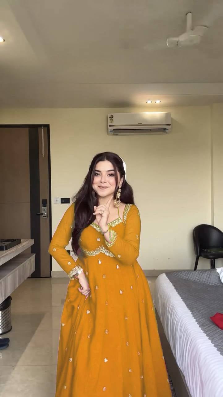 Womenline Mustard Yellow Embroidered Anarkali Gown with Dupatta