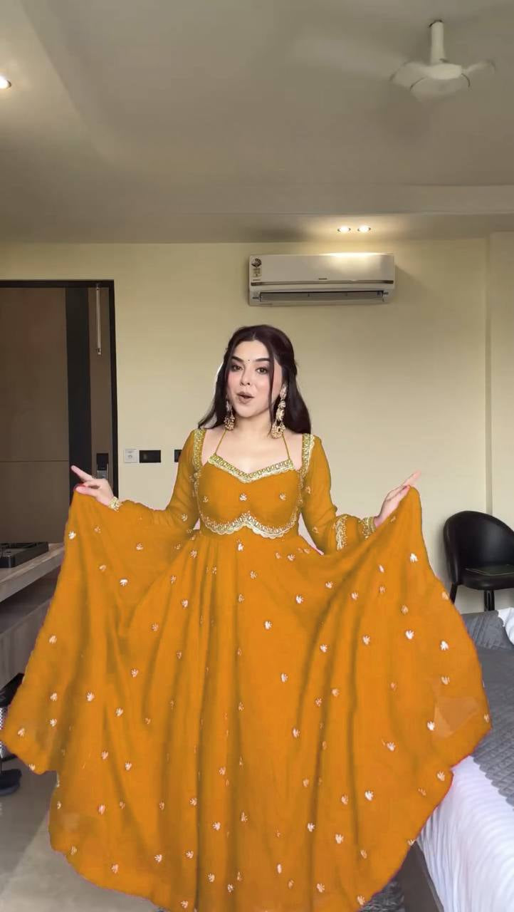Womenline Mustard Yellow Embroidered Anarkali Gown with Dupatta