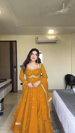 Womenline Mustard Yellow Embroidered Anarkali Gown with Dupatta