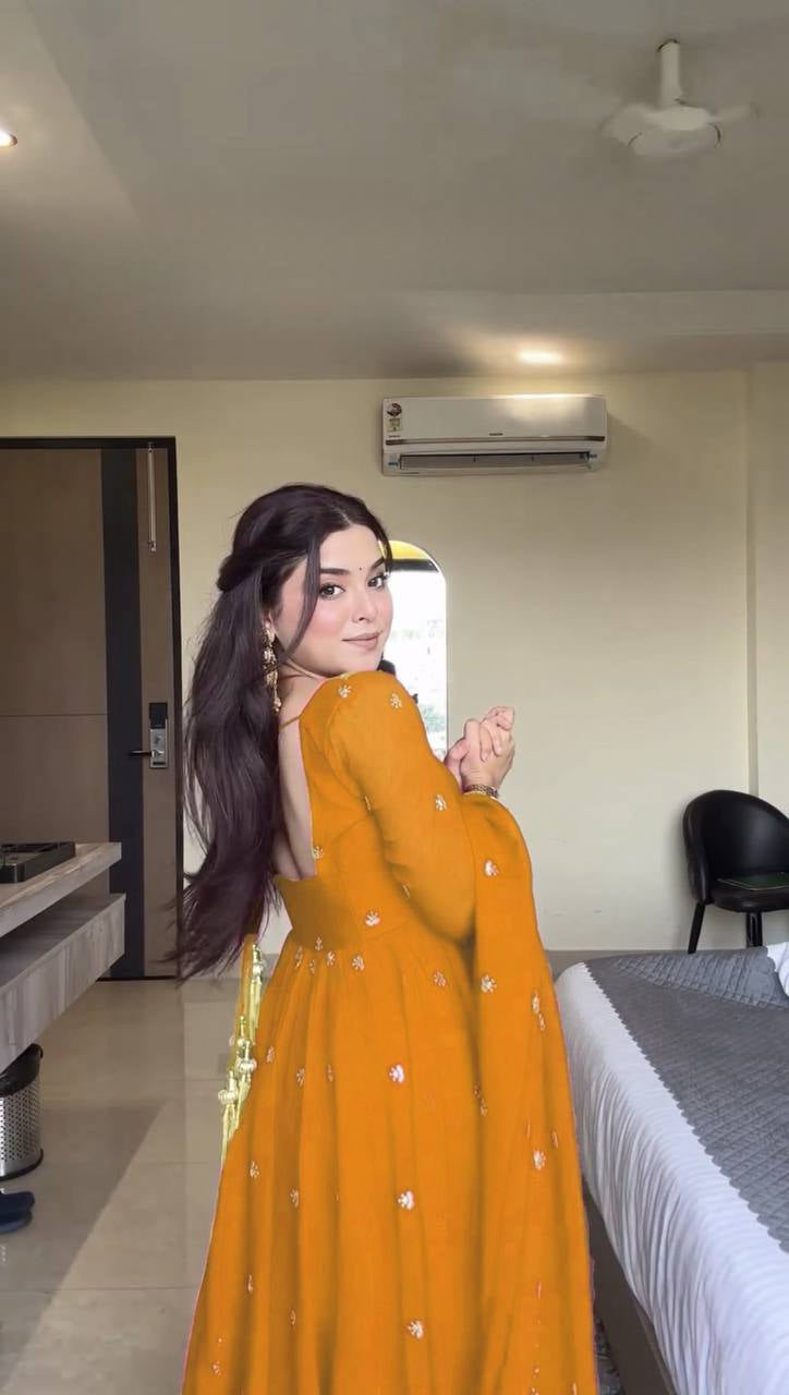 Womenline Mustard Yellow Embroidered Anarkali Gown with Dupatta
