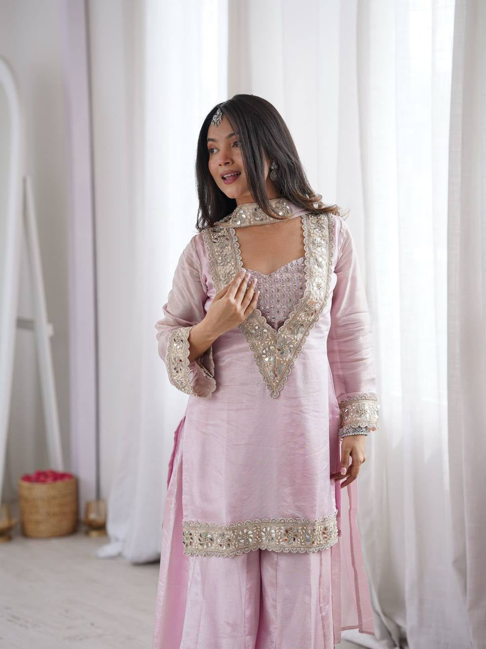 Blush Pink Embroidered Kurta Sharara Set with Dupatta