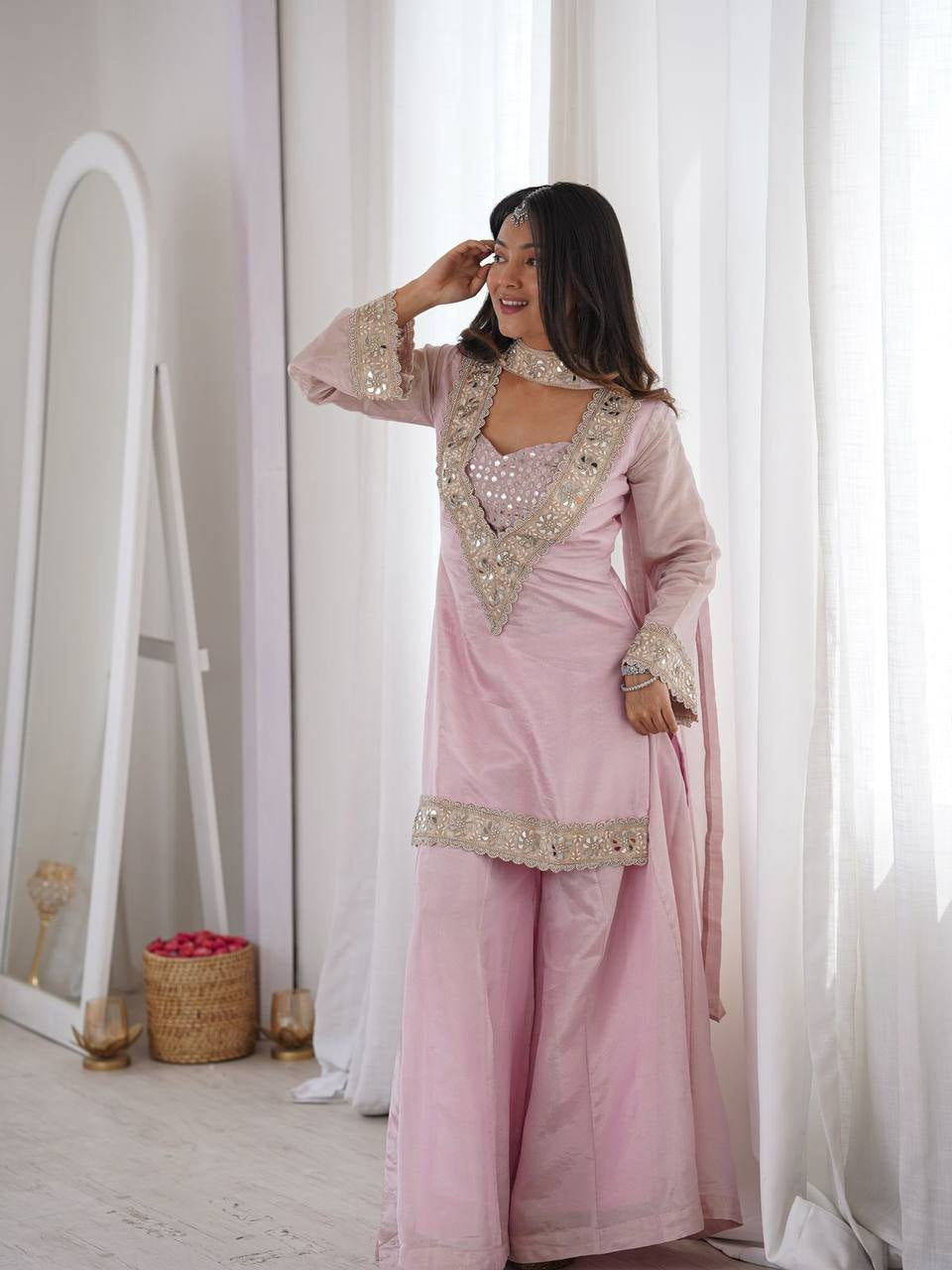 Blush Pink Embroidered Kurta Sharara Set with Dupatta