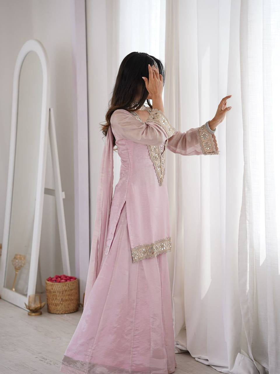 Blush Pink Embroidered Kurta Sharara Set with Dupatta