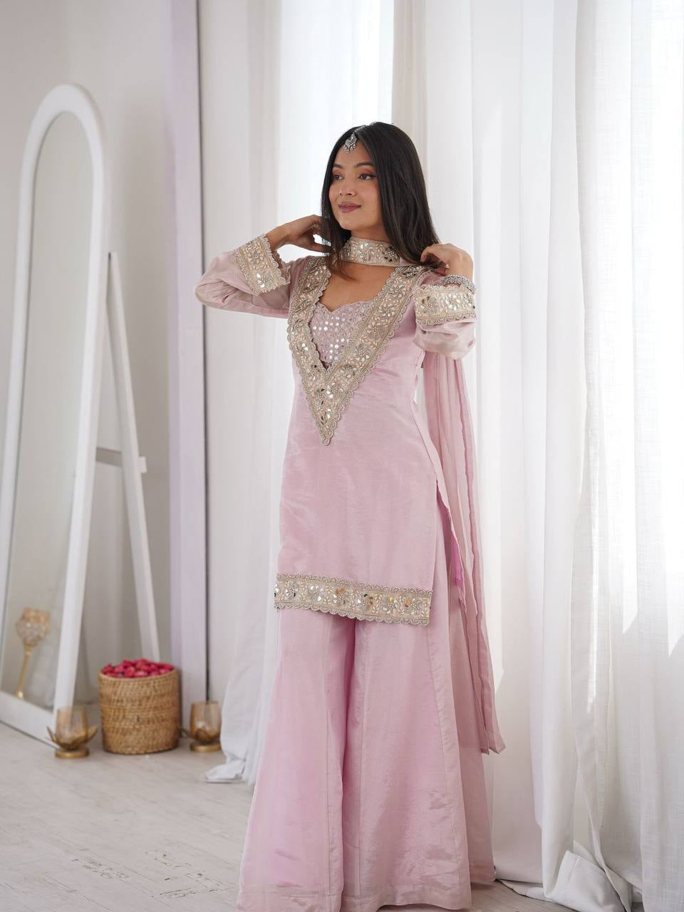 Blush Pink Embroidered Kurta Sharara Set with Dupatta