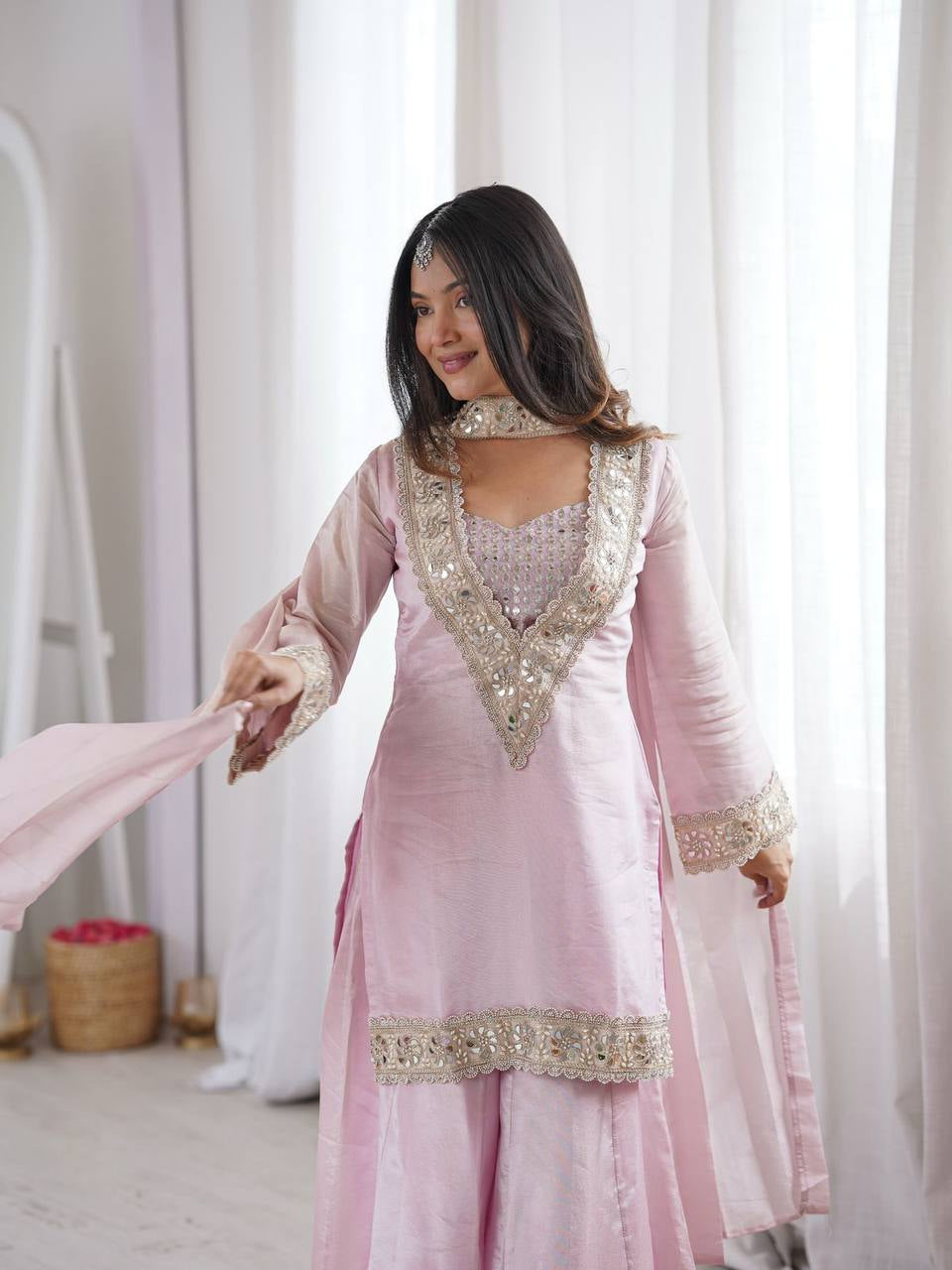 Blush Pink Embroidered Kurta Sharara Set with Dupatta