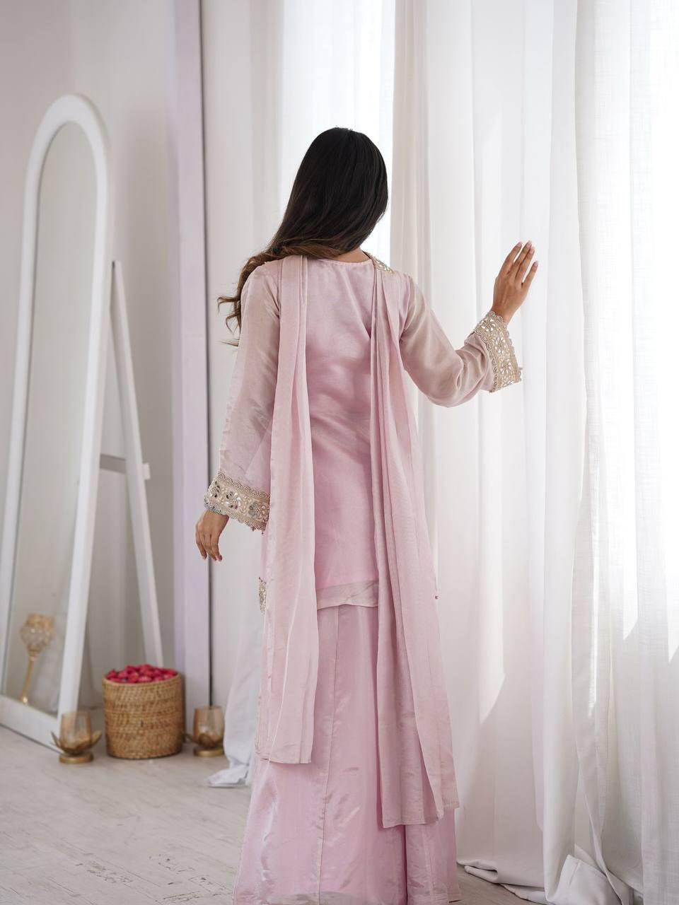 Blush Pink Embroidered Kurta Sharara Set with Dupatta