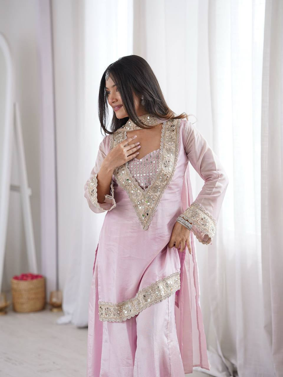 Blush Pink Embroidered Kurta Sharara Set with Dupatta