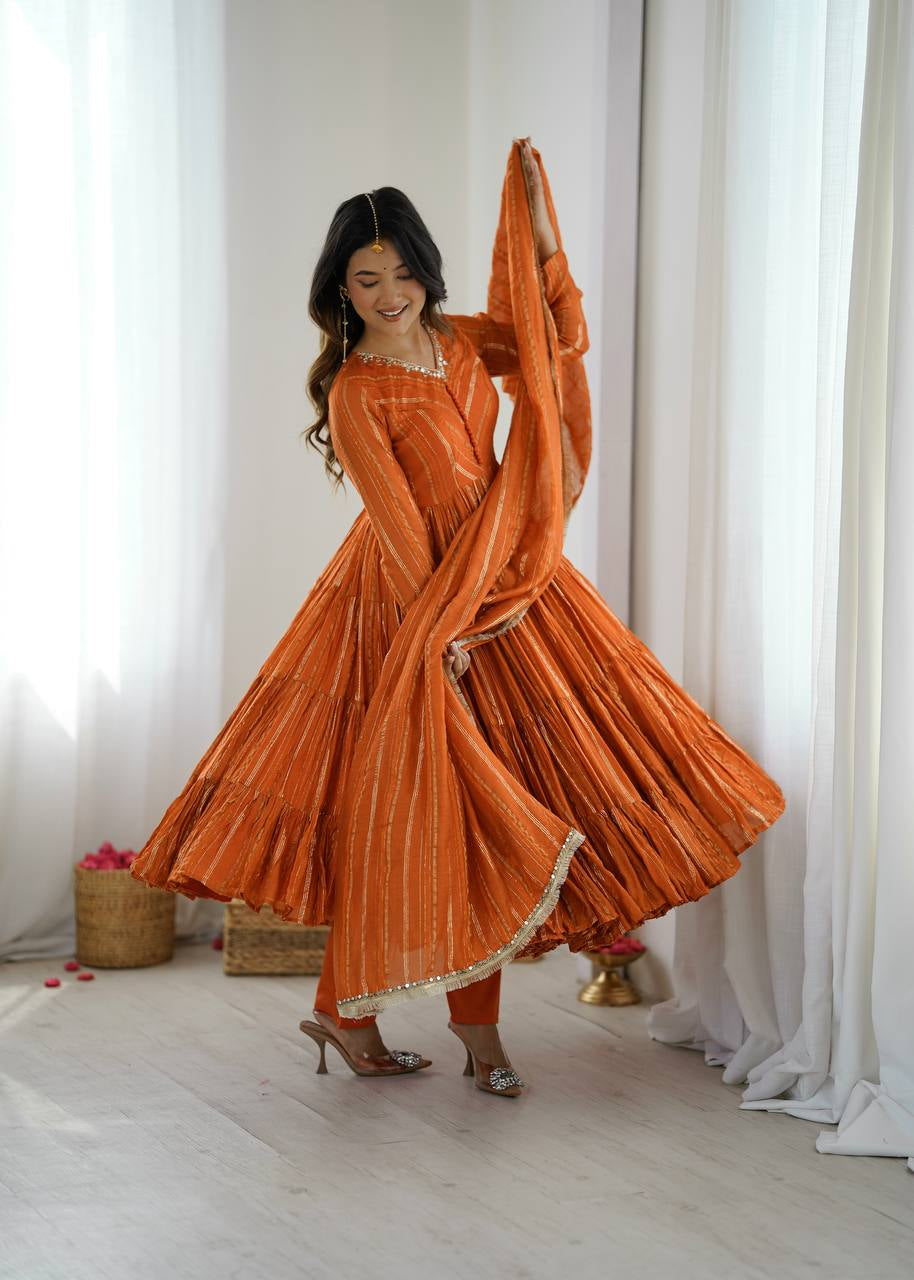 Womenline Burnt Orange Shimmer Tiered Anarkali Set With Dupatta