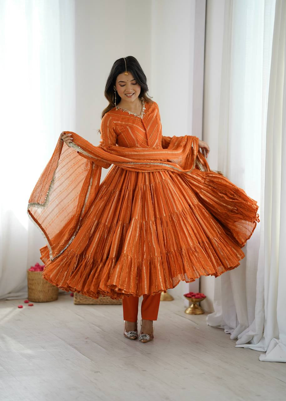 Womenline Burnt Orange Shimmer Tiered Anarkali Set With Dupatta