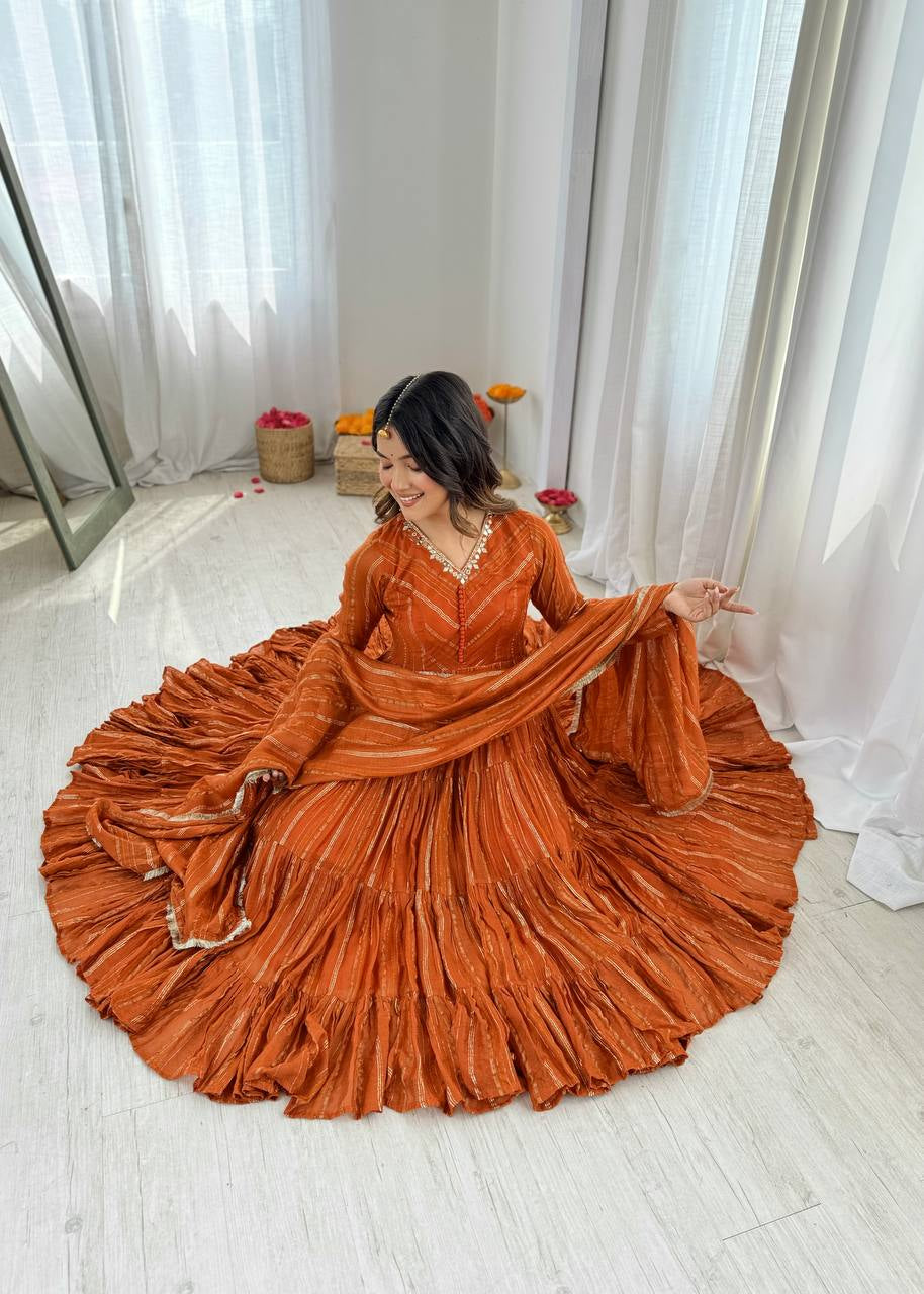 Womenline Burnt Orange Shimmer Tiered Anarkali Set With Dupatta