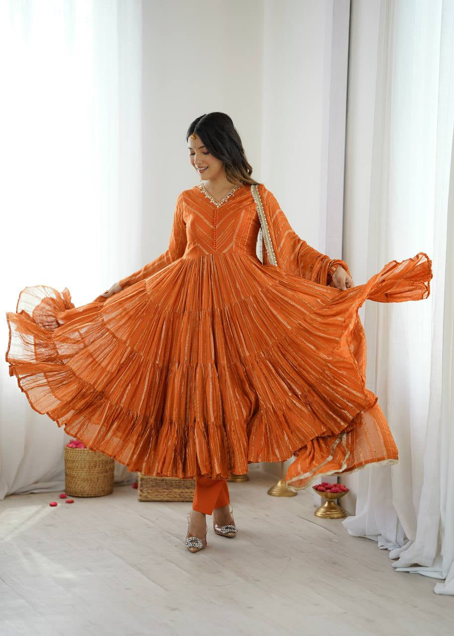 Womenline Burnt Orange Shimmer Tiered Anarkali Set With Dupatta