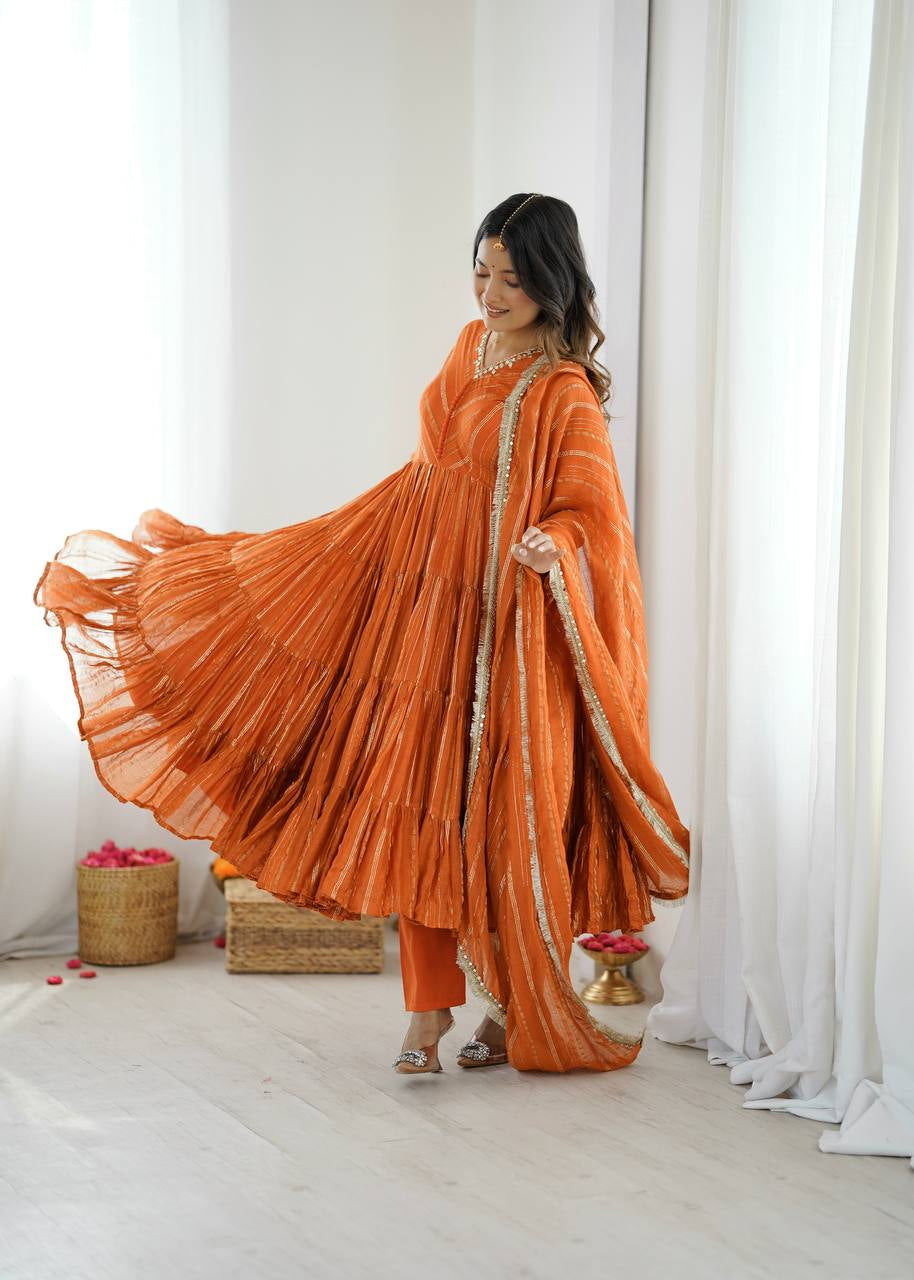 Womenline Burnt Orange Shimmer Tiered Anarkali Set With Dupatta
