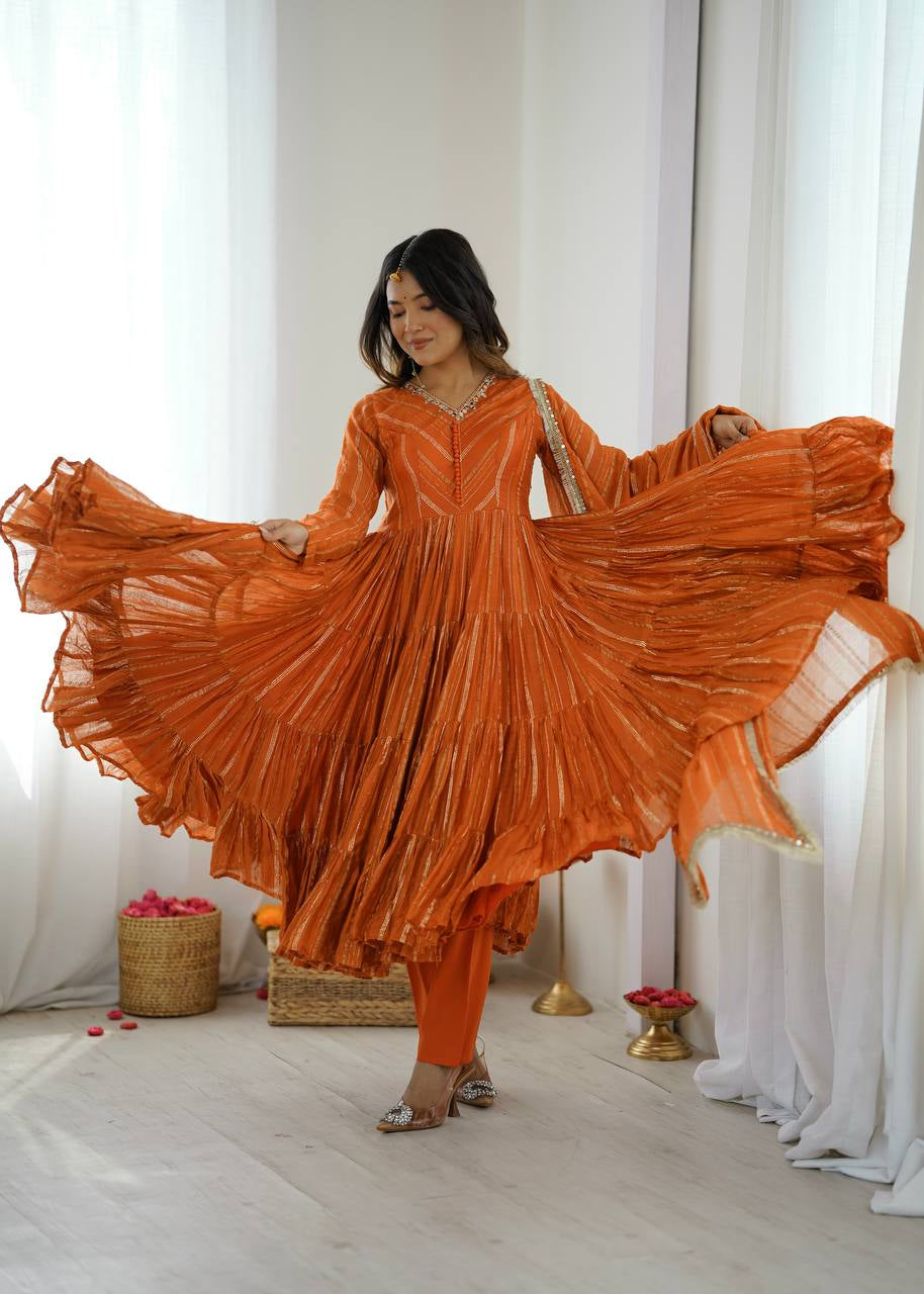Womenline Burnt Orange Shimmer Tiered Anarkali Set With Dupatta