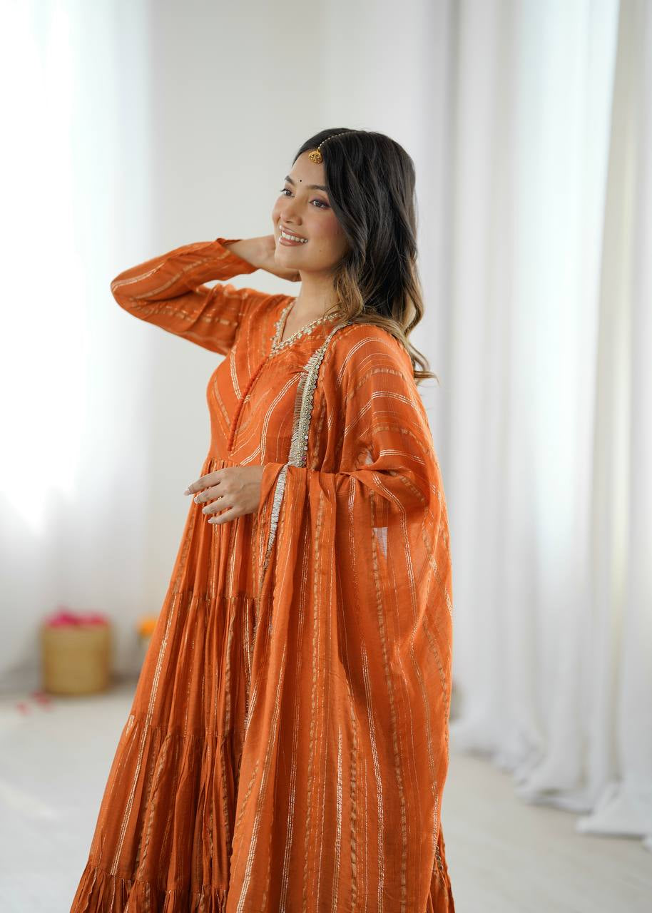 Womenline Burnt Orange Shimmer Tiered Anarkali Set With Dupatta