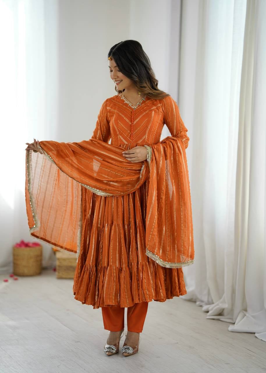 Womenline Burnt Orange Shimmer Tiered Anarkali Set With Dupatta