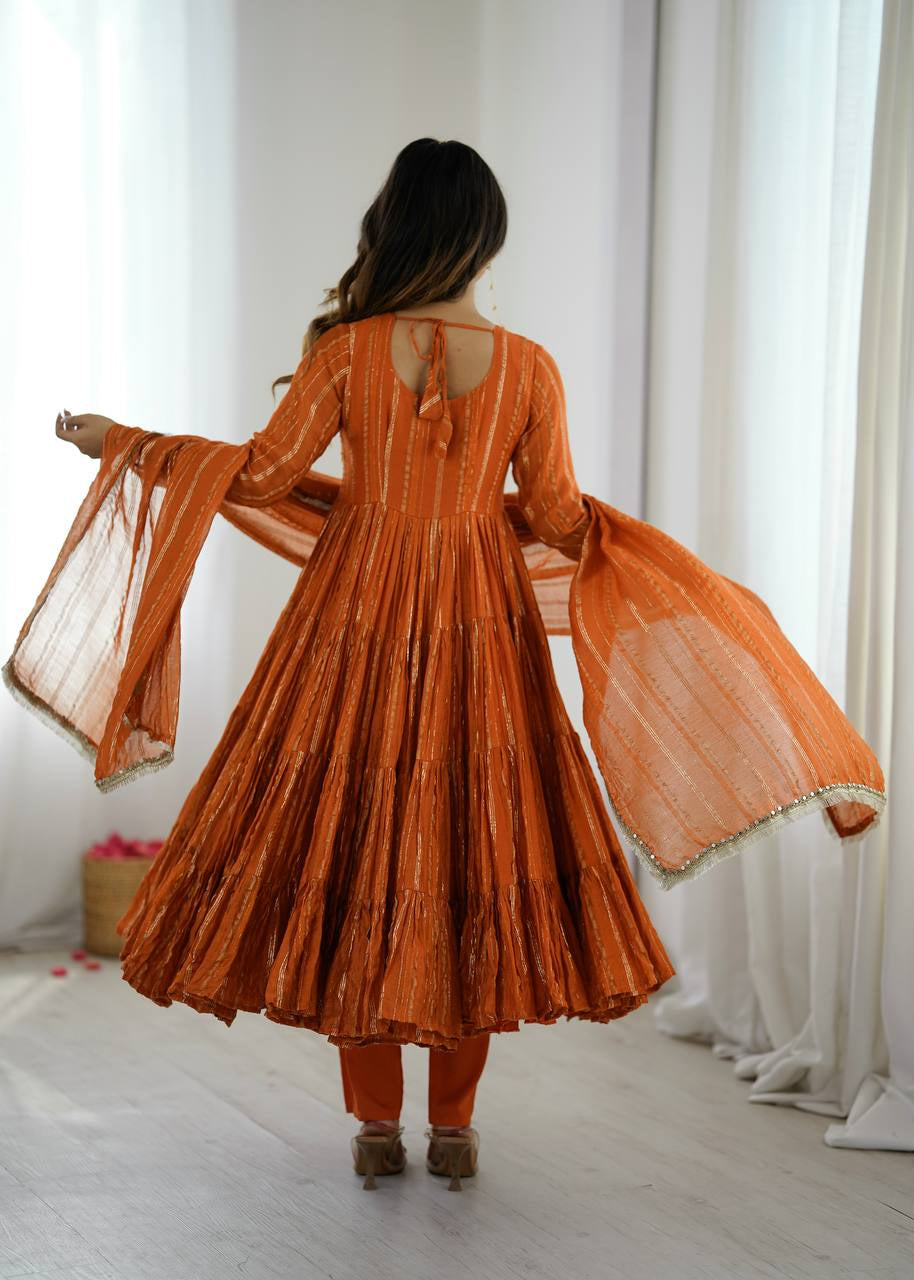 Womenline Burnt Orange Shimmer Tiered Anarkali Set With Dupatta