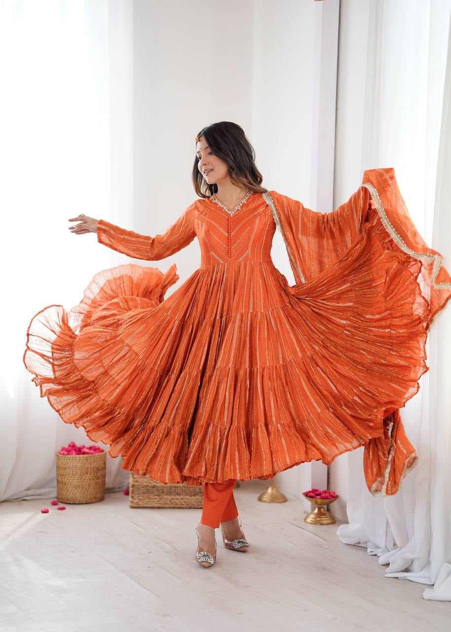 Womenline Burnt Orange Shimmer Tiered Anarkali Set With Dupatta