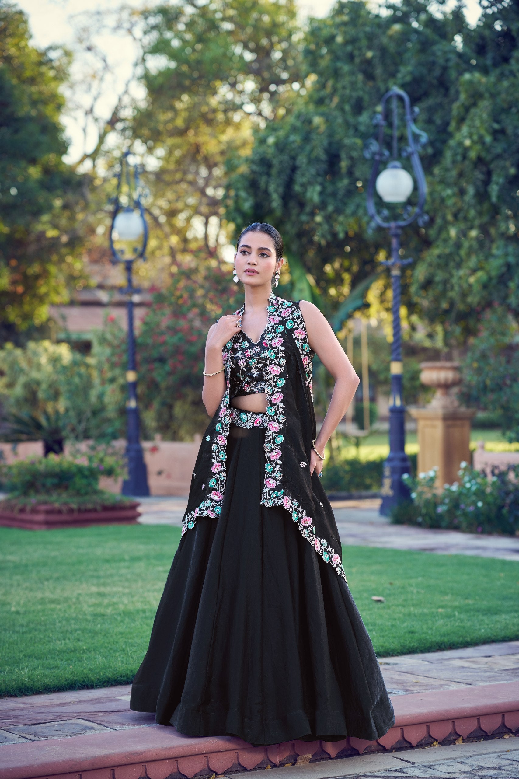 Womenline Black Floral Embroidered Lehenga Set with Dupatta