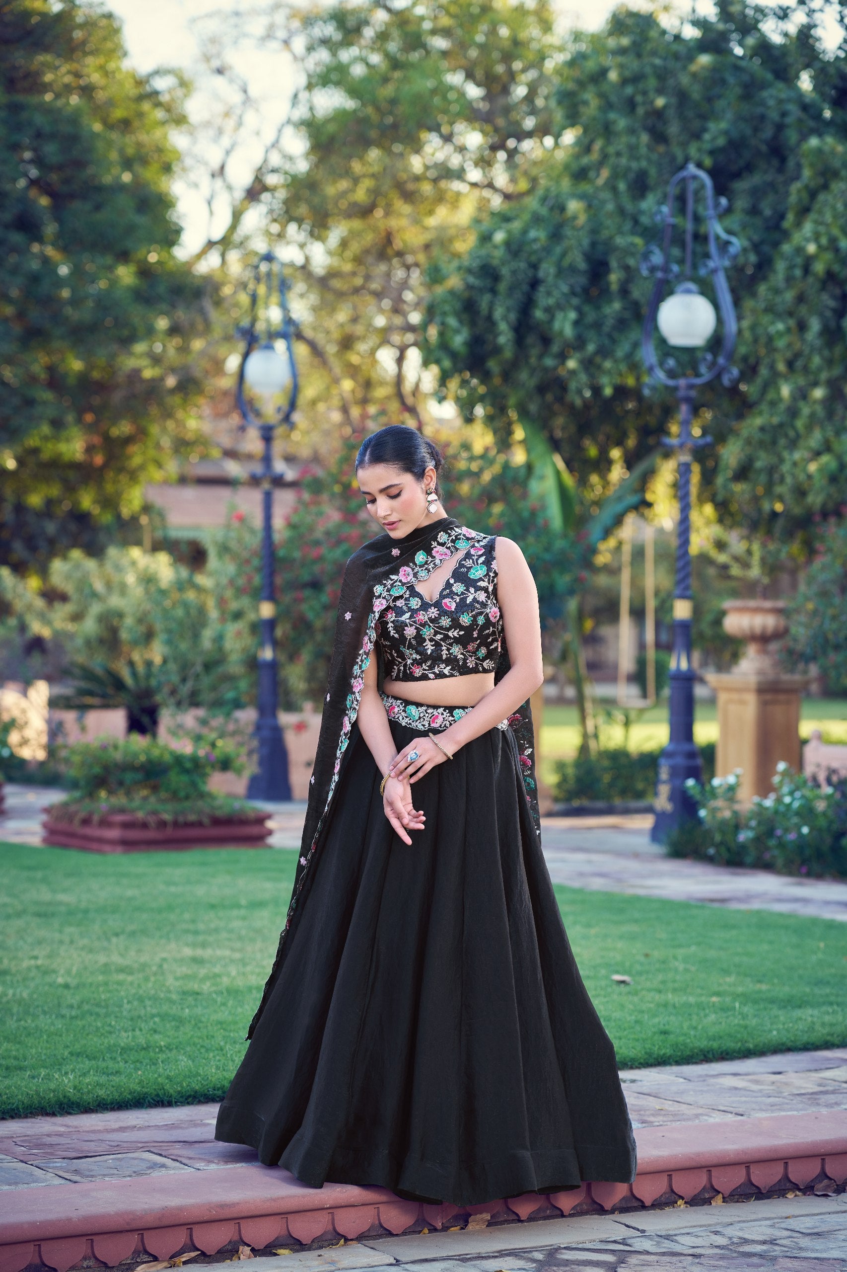 Womenline Black Floral Embroidered Lehenga Set with Dupatta