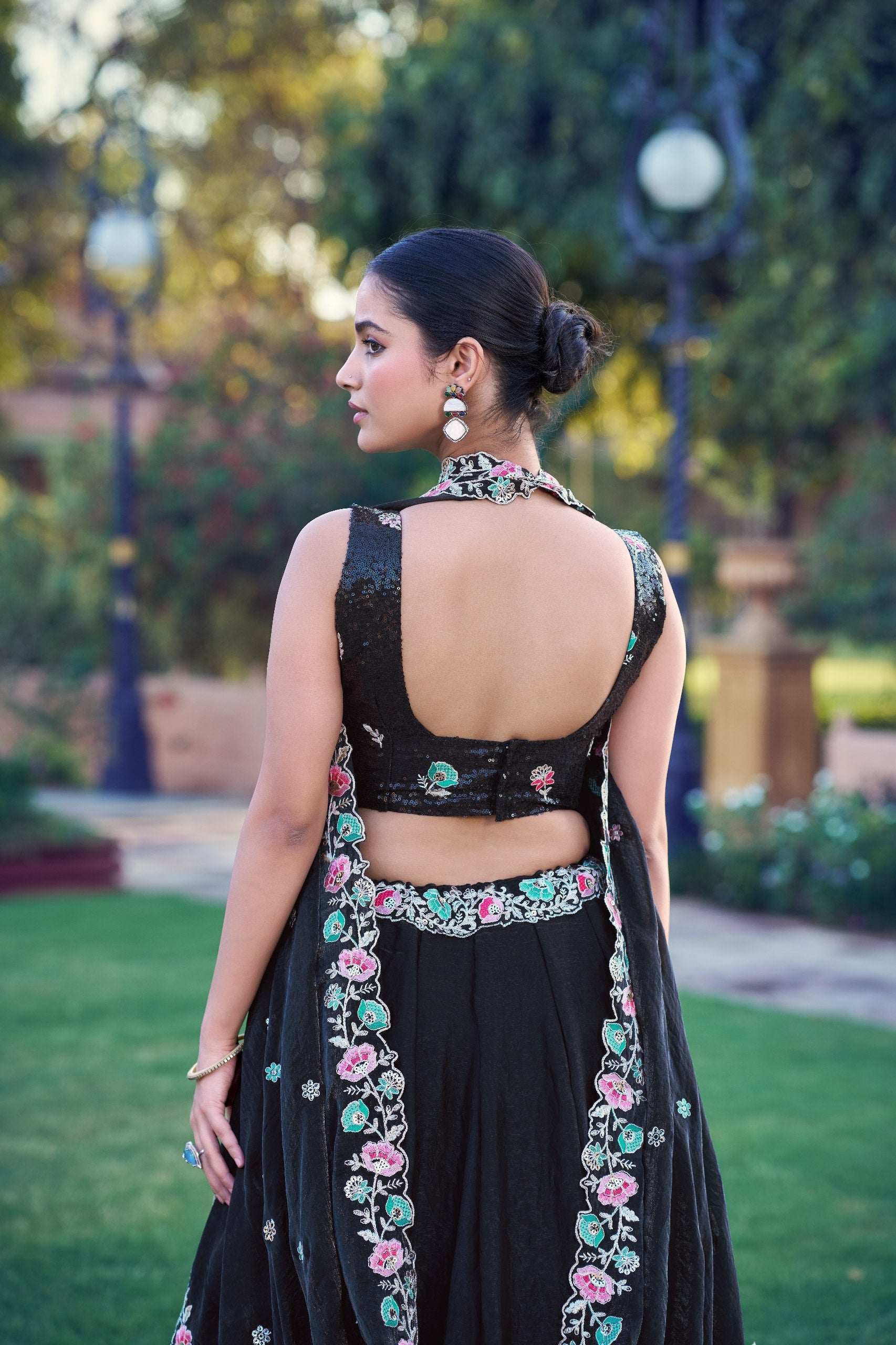 Womenline Black Floral Embroidered Lehenga Set with Dupatta