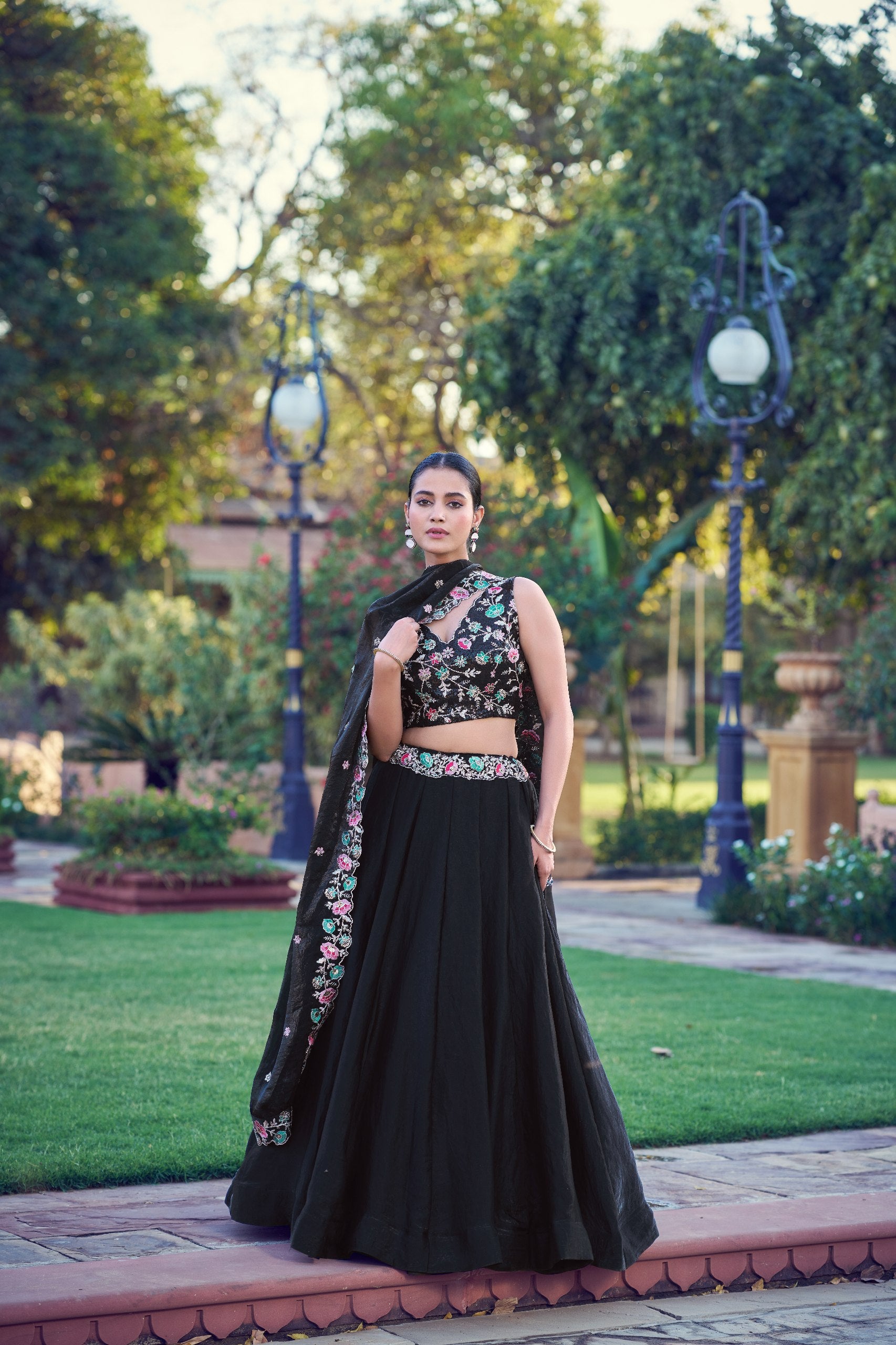Womenline Black Floral Embroidered Lehenga Set with Dupatta