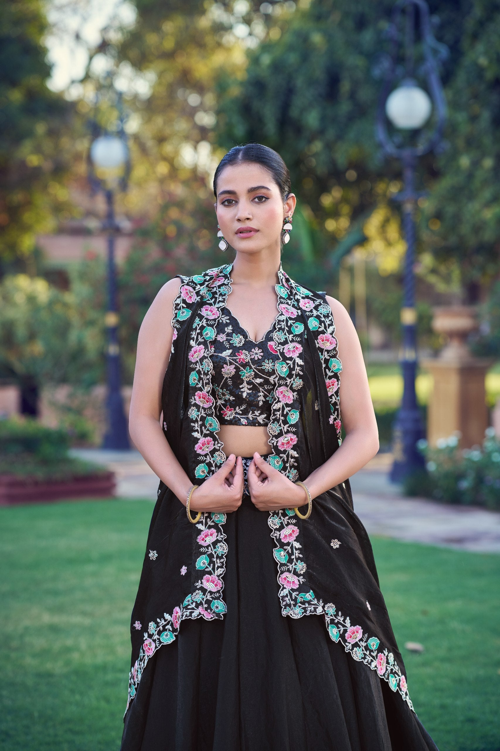 Womenline Black Floral Embroidered Lehenga Set with Dupatta